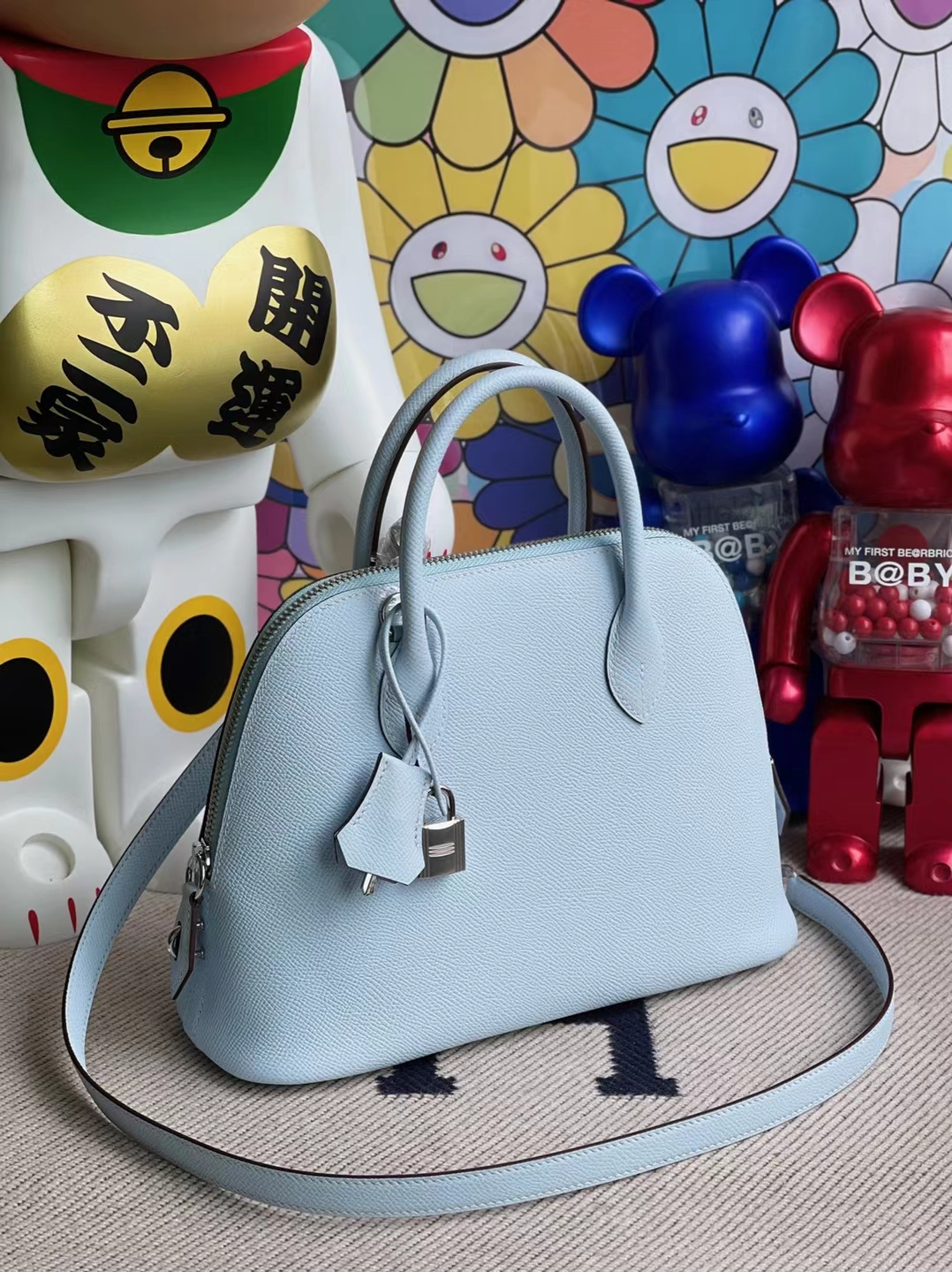 Hermès（爱马仕）Bolide 保龄球包 evercolor T0 雾蓝色 银扣 25cm 顶级工艺 全手工缝制