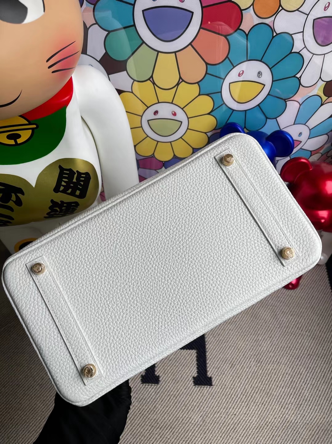 Hermès（爱马仕）Birkin 铂金包 Clemence 01 纯白 内拼 9R 柠檬黄 拉丝金扣 30cm