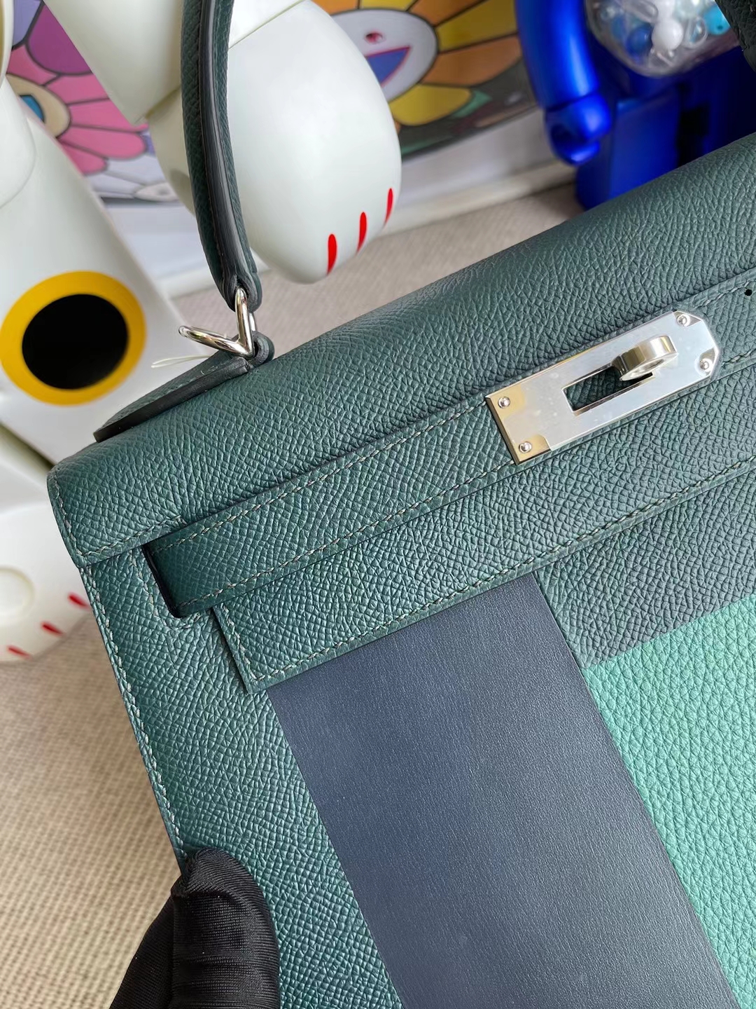 Hermès（爱马仕）Kelly 凯莉包 子母包 6O 松柏绿 内拼 M3 墨水蓝 银扣 28cm