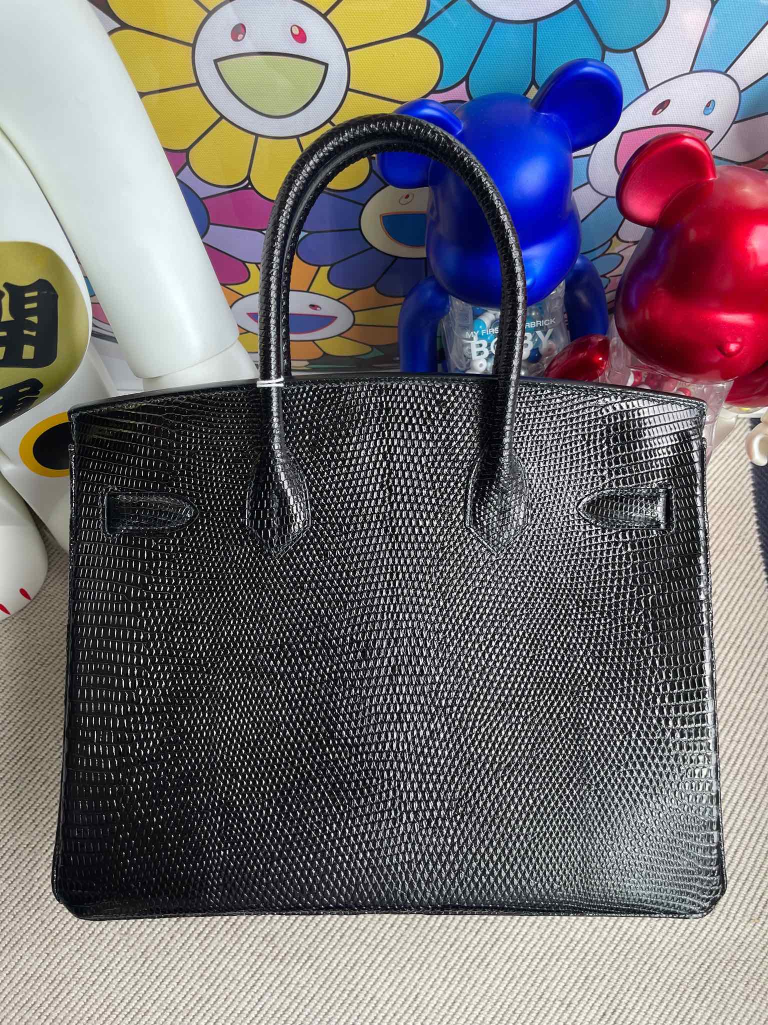 Hermès（爱马仕）Birkin 铂金包 Lizard 进口亮面蜥蜴 ck89 黑色 Noir 金扣 30cm 顶级手缝