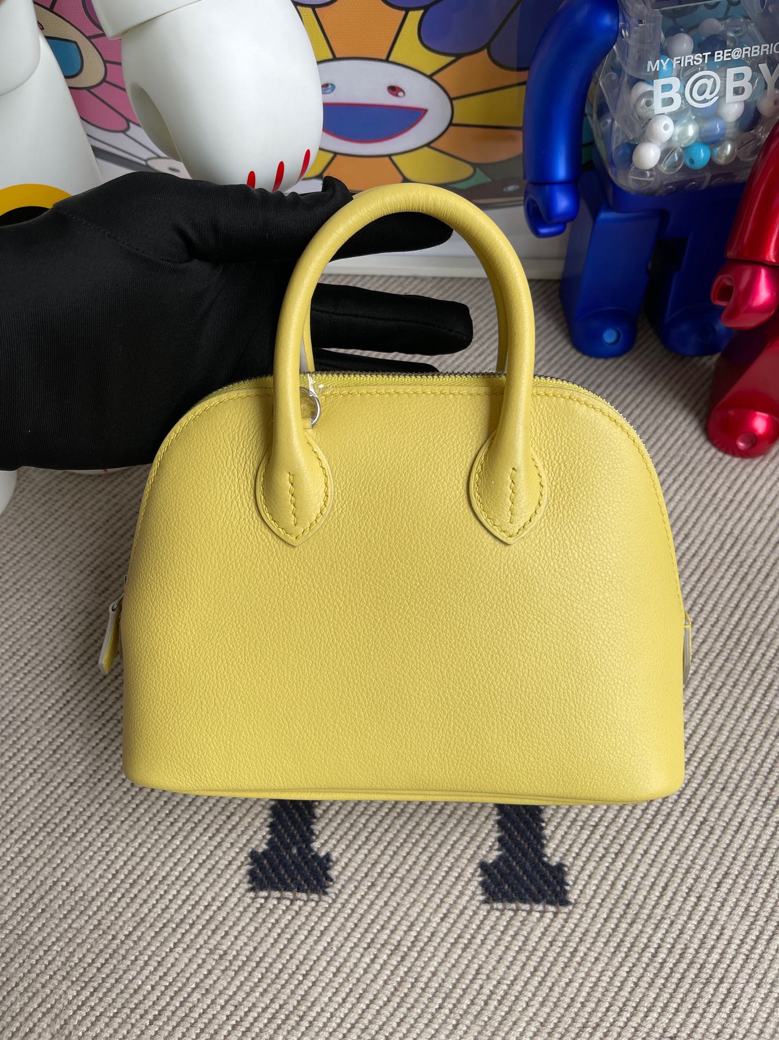 Hermès（爱马仕）Mini bolide 保龄球包 chevre 山羊皮 c9 鹅蛋黄  银扣 顶级手缝 现货