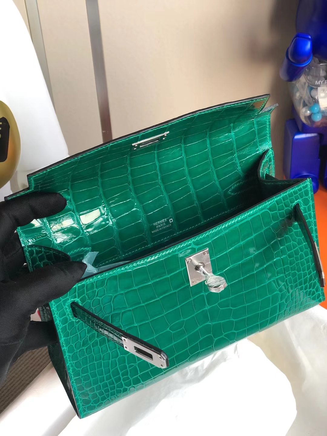 Hermès（爱马仕）MiniKelly Pochette 亮面方块鳄 6Q 翡翠绿 Shiny Alligator Crocodile Phw 银扣 22cm