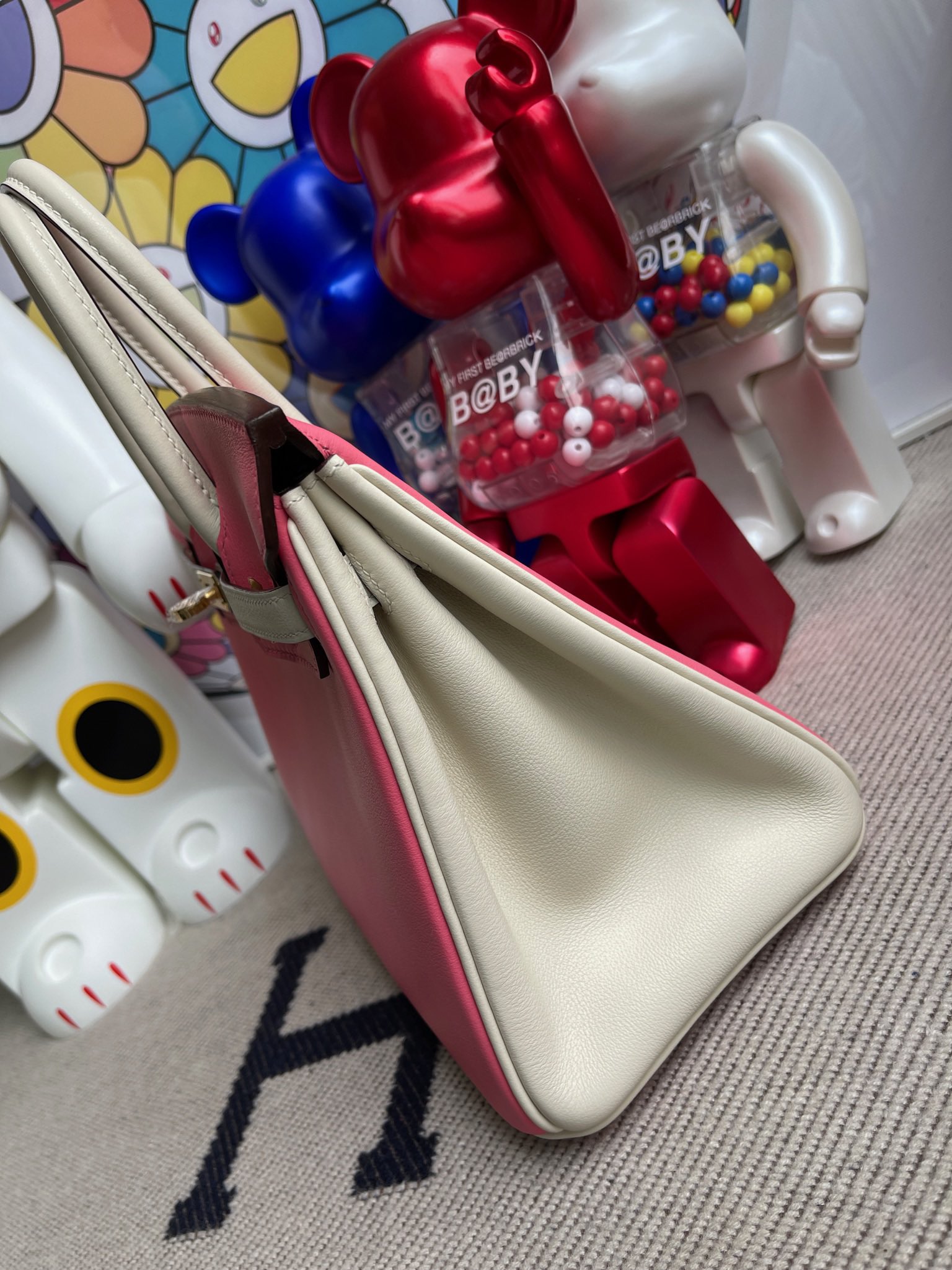 Hermès（爱马仕）Birkin 铂金包 Swift 唇膏粉 拼 奶白 金扣 马蹄印 25cm 顶级手缝