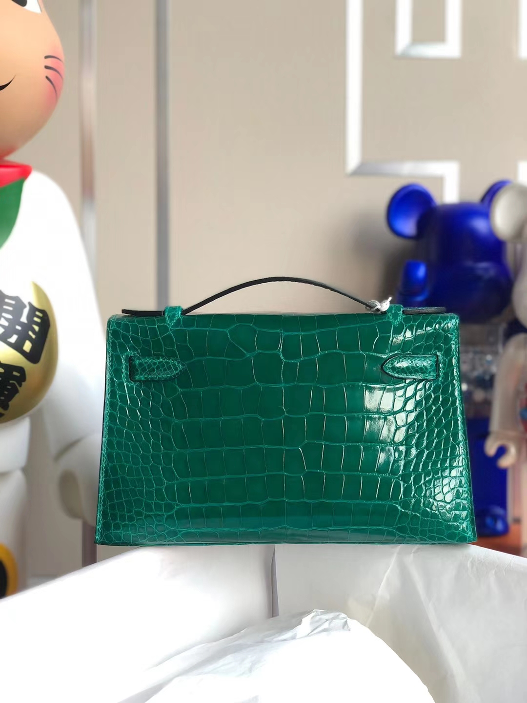 Hermès（爱马仕）MiniKelly Pochette 亮面方块鳄 6Q 翡翠绿 Shiny Alligator Crocodile Phw 银扣 22cm