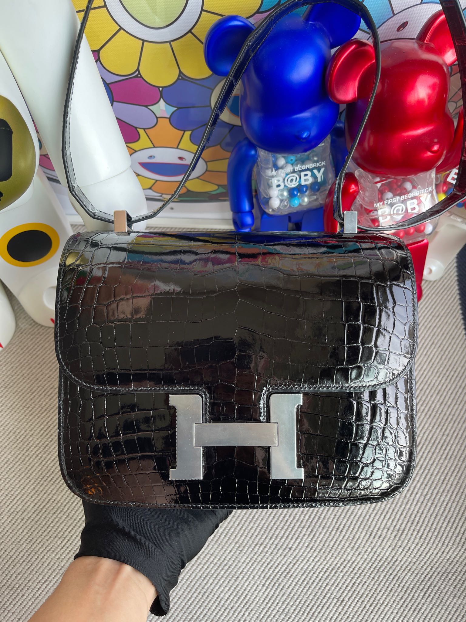 Hermès（爱马仕）Constance 康斯坦斯 Crocodile shiny 亮面鳄鱼 ck89 黑色 Noir 银扣 24cm 顶级手缝