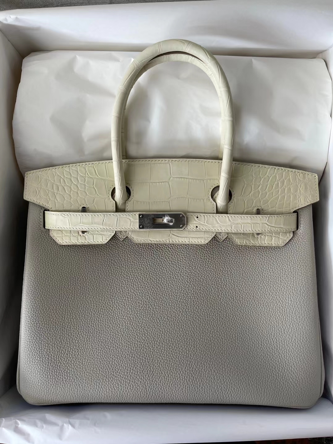 Hermès（爱马仕）Birkin 铂金包 小牛皮 拼 雾面美洲鳄 Ck80 珍珠灰 拼 8L 奶油白 银扣 30cm