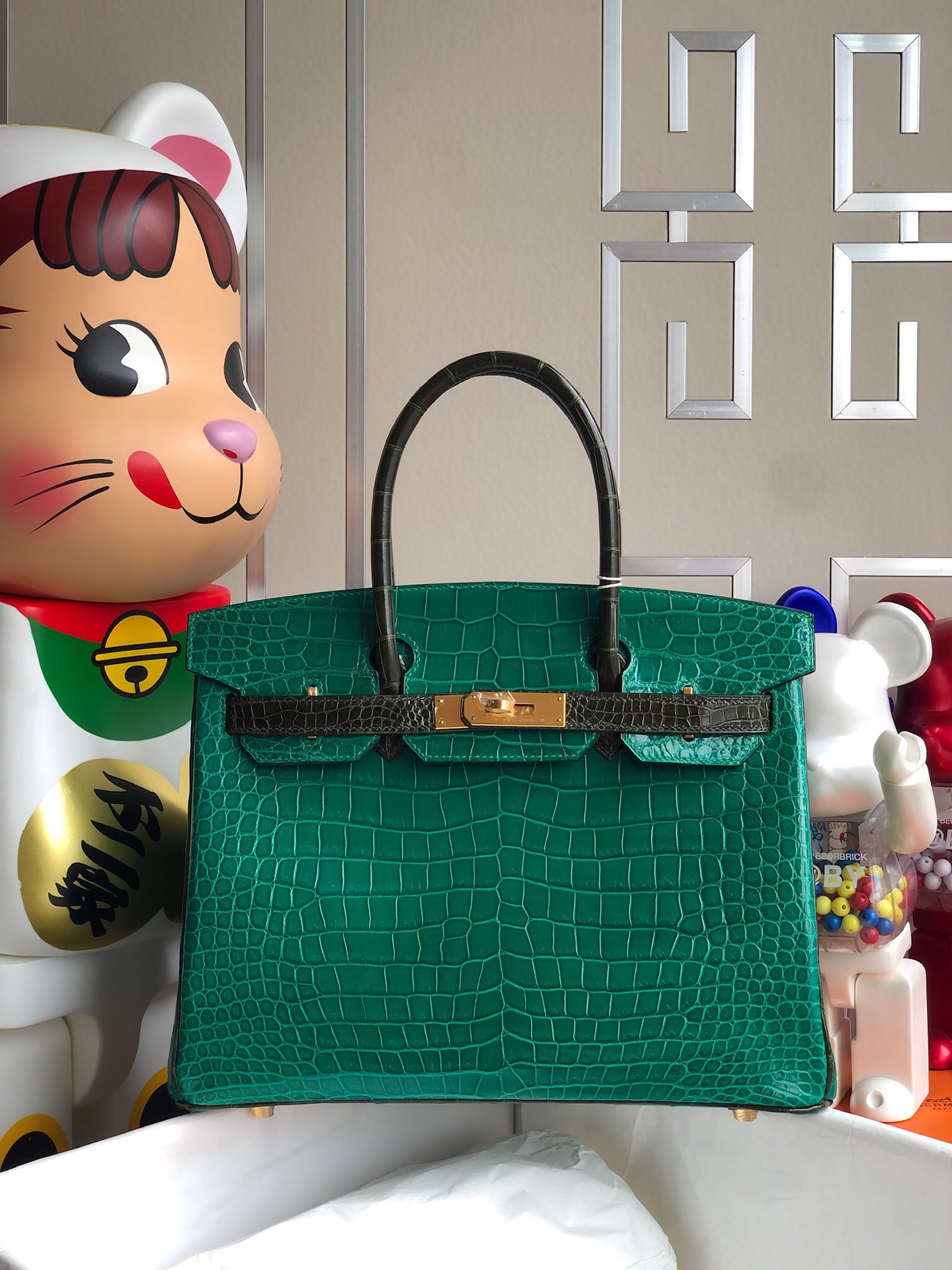 Hermès（爱马仕）Birkin 铂金包 Porosus shiny 亮面澳洲湾鳄 6Q 翡翠绿 拼 v6 橄榄绿 金扣 30cm 马蹄印 顶级手缝
