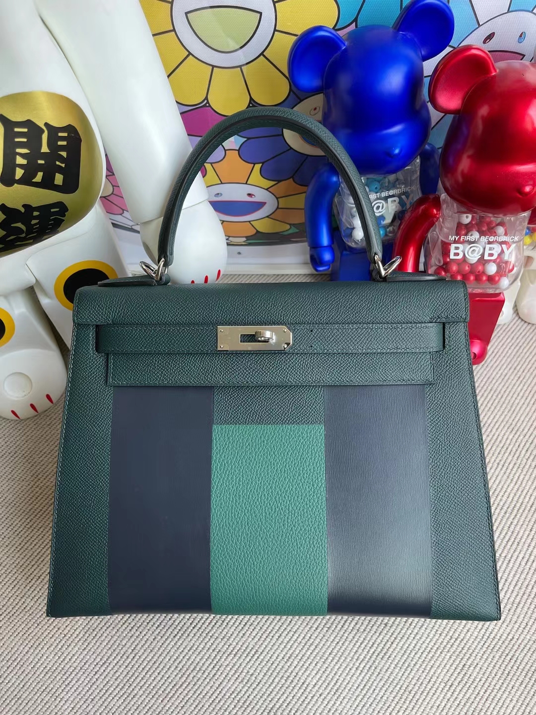 Hermès（爱马仕）Kelly 凯莉包 子母包 6O 松柏绿 内拼 M3 墨水蓝 银扣 28cm
