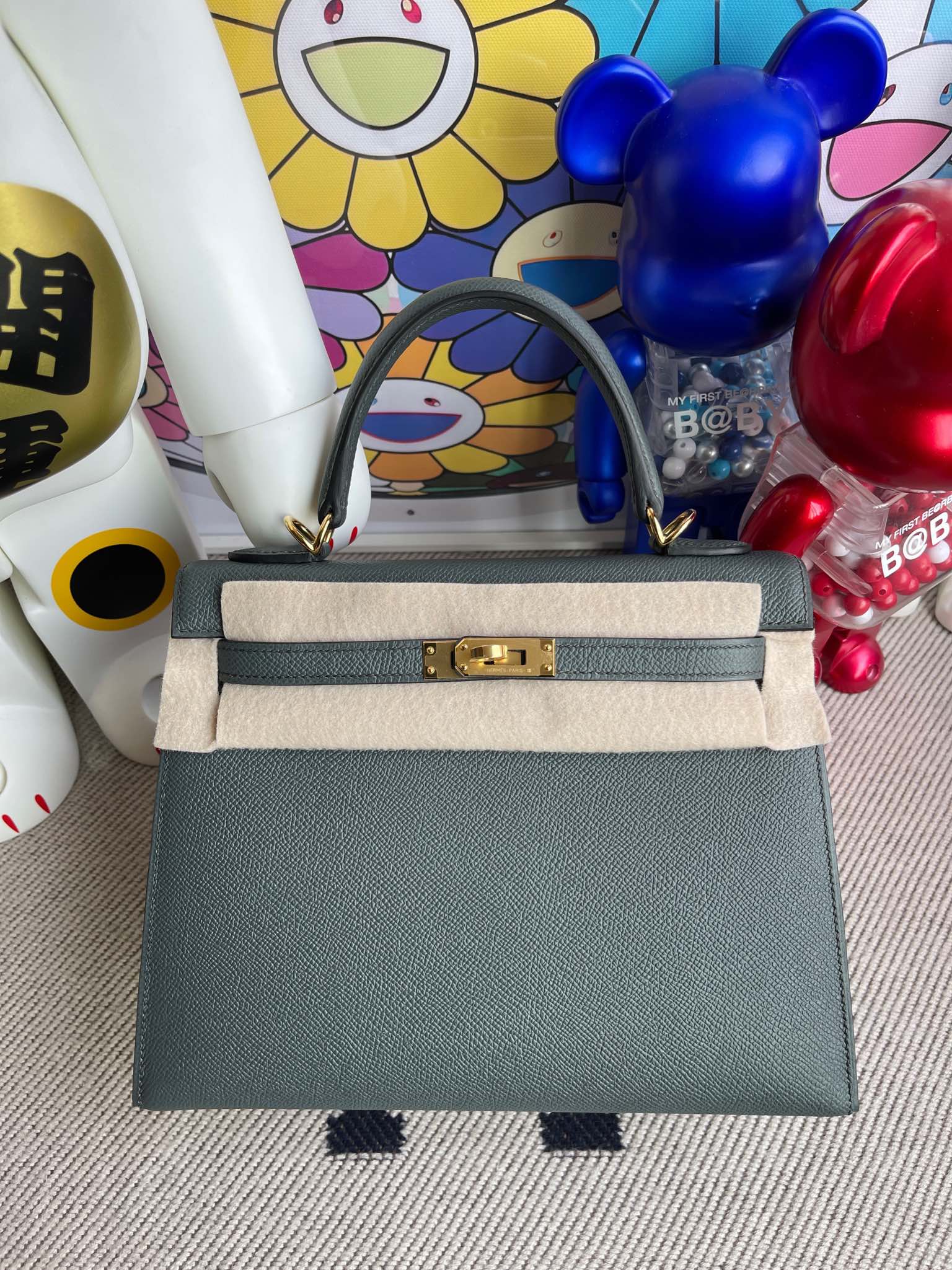 Hermès（爱马仕）Kelly 凯莉包 Epsom 原厂掌纹皮 cc63 杏绿色 金扣 25cm 顶级手缝