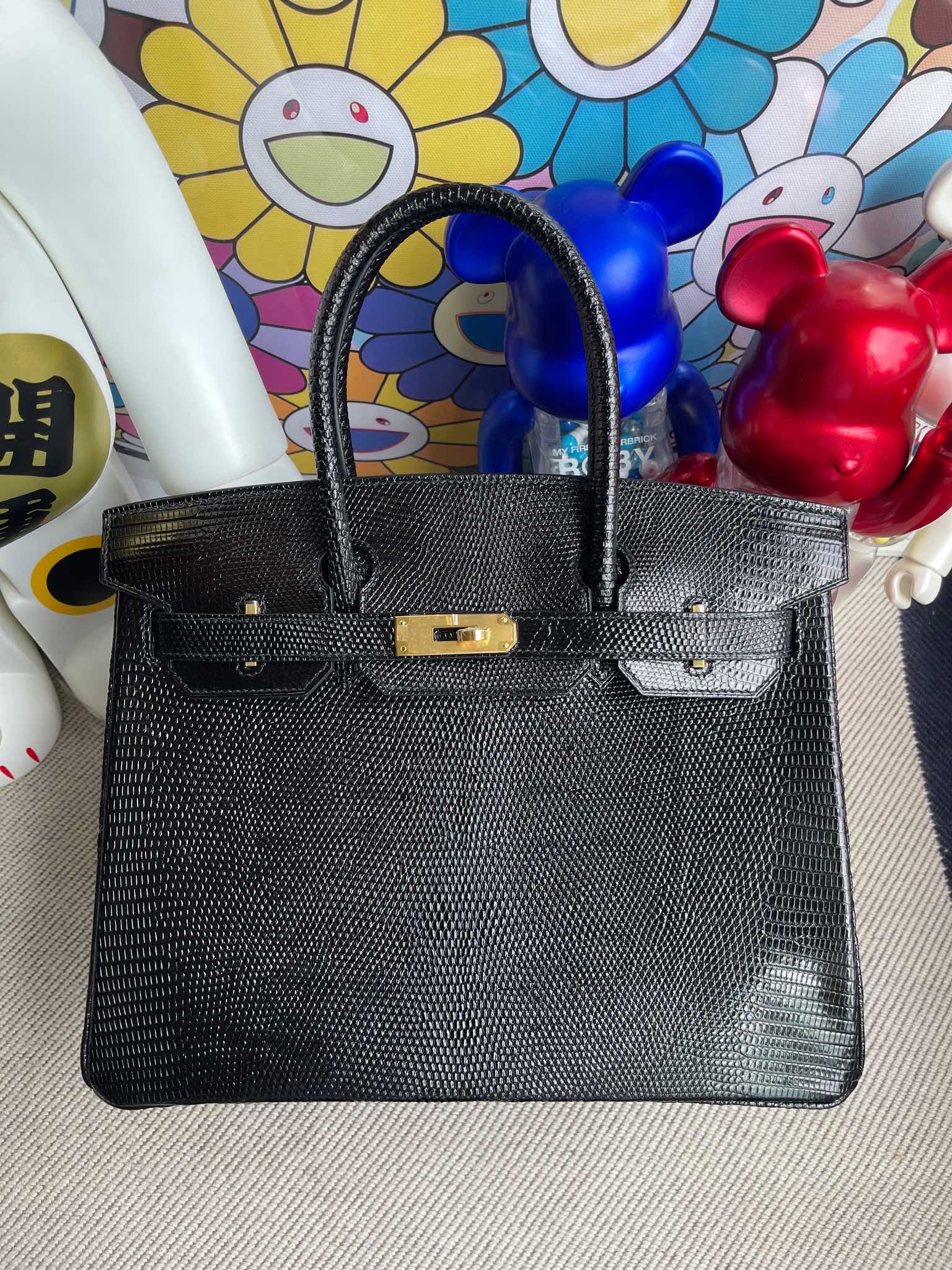 Hermès（爱马仕）Birkin 铂金包 Lizard 进口亮面蜥蜴 ck89 黑色 Noir 金扣 30cm 顶级手缝