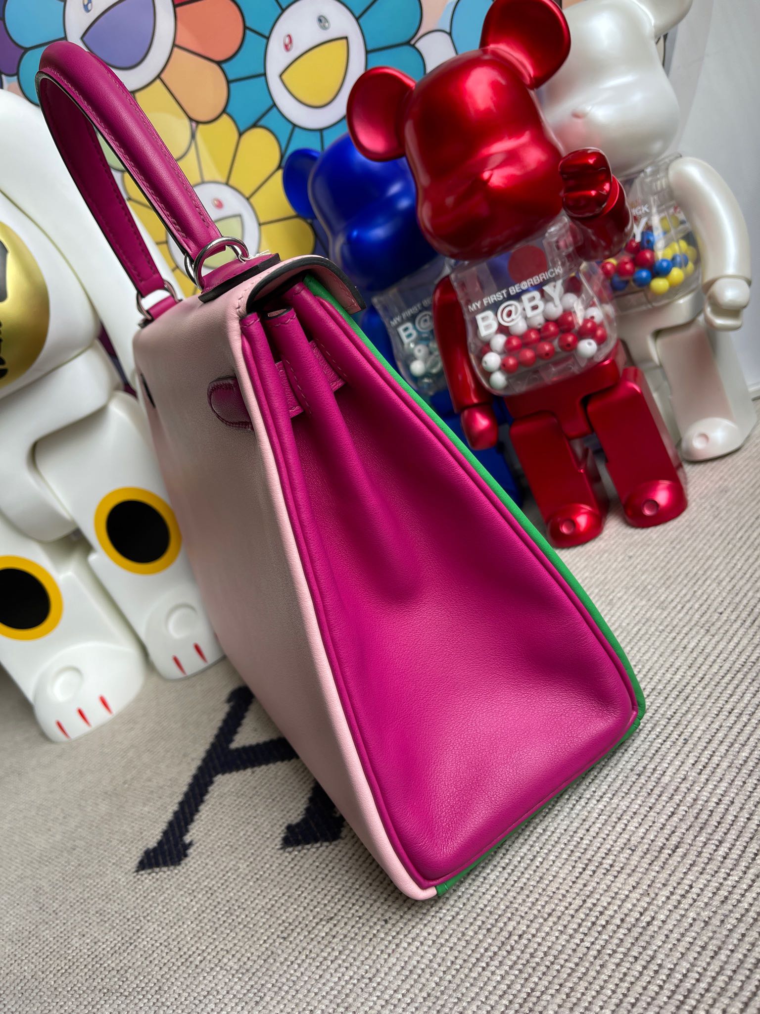 Hermès（爱马仕）Kelly 凯莉包 Swift 竹子绿 拼 3Q粉 拼 玫瑰紫 银扣 马蹄印 28cm 顶级手缝