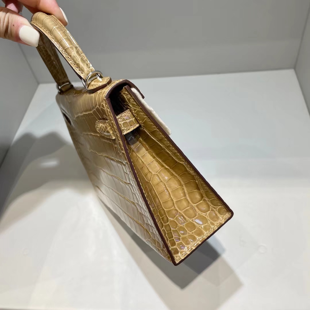 Hermès（爱马仕）Mini Kelly Ⅱ 亮面美洲鳄 1i 裸沙色 beige sable 银扣 19cm