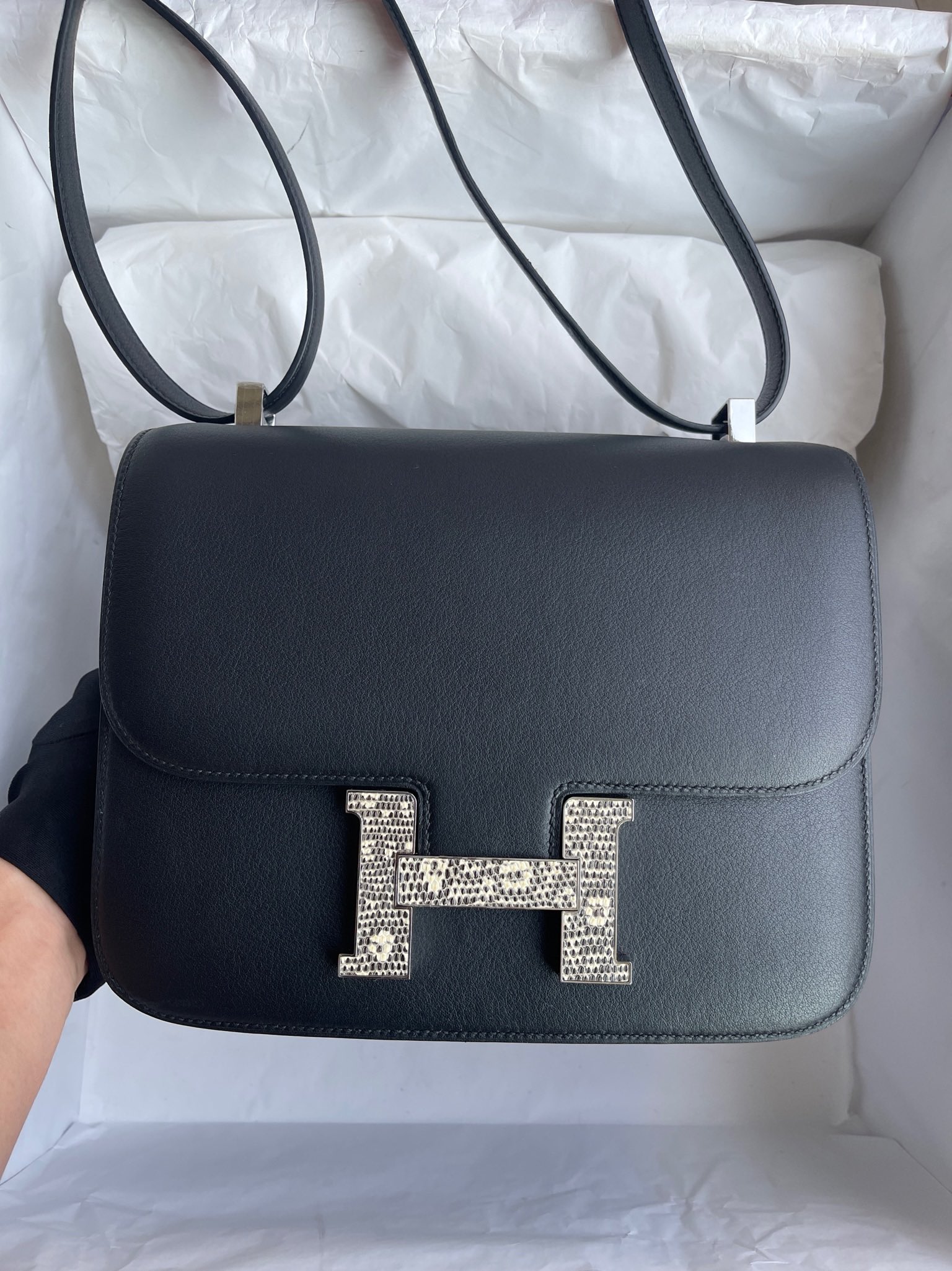 Hermès（爱马仕）Constance 康斯坦斯 Swift 黑色 拼 蜥蜴扣 24cm 顶级手缝