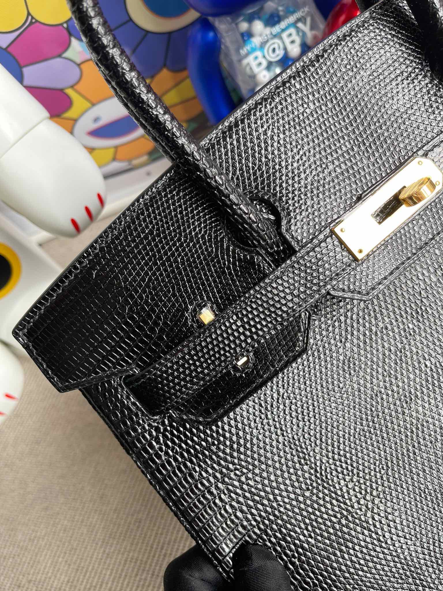 Hermès（爱马仕）Birkin 铂金包 Lizard 进口亮面蜥蜴 ck89 黑色 Noir 金扣 30cm 顶级手缝