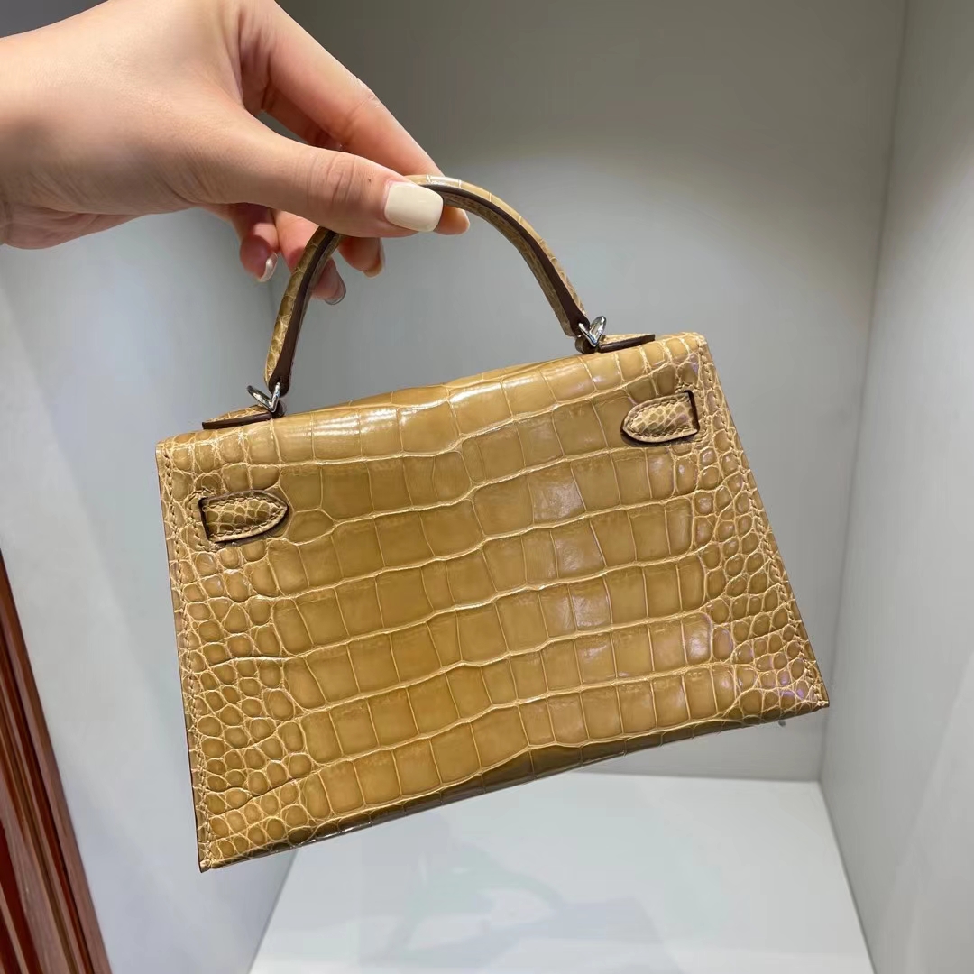 Hermès（爱马仕）Mini Kelly Ⅱ 亮面美洲鳄 1i 裸沙色 beige sable 银扣 19cm