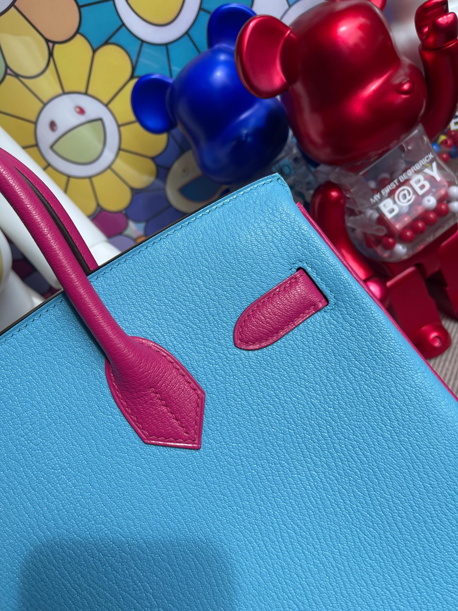Hermès（爱马仕）Birkin 铂金包 chevre 山羊皮 纯白 拼 糖果蓝 拼 糖果粉 金扣 马蹄印 30cm 顶级手缝