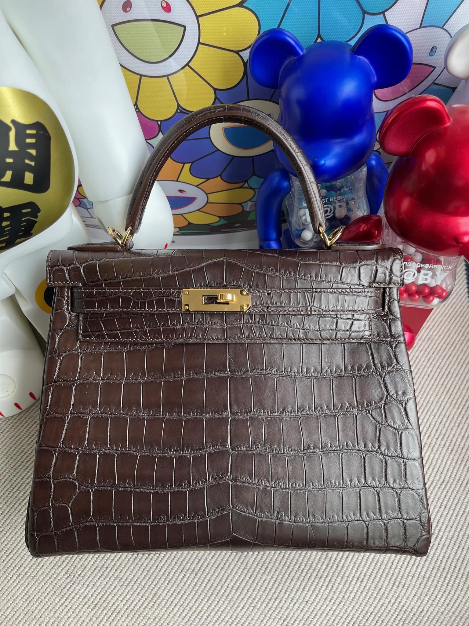 Hermès（爱马仕）kelly 凯莉包 Crocodile matt 雾面鳄鱼 咖啡色 金扣 28cm 顶级手缝