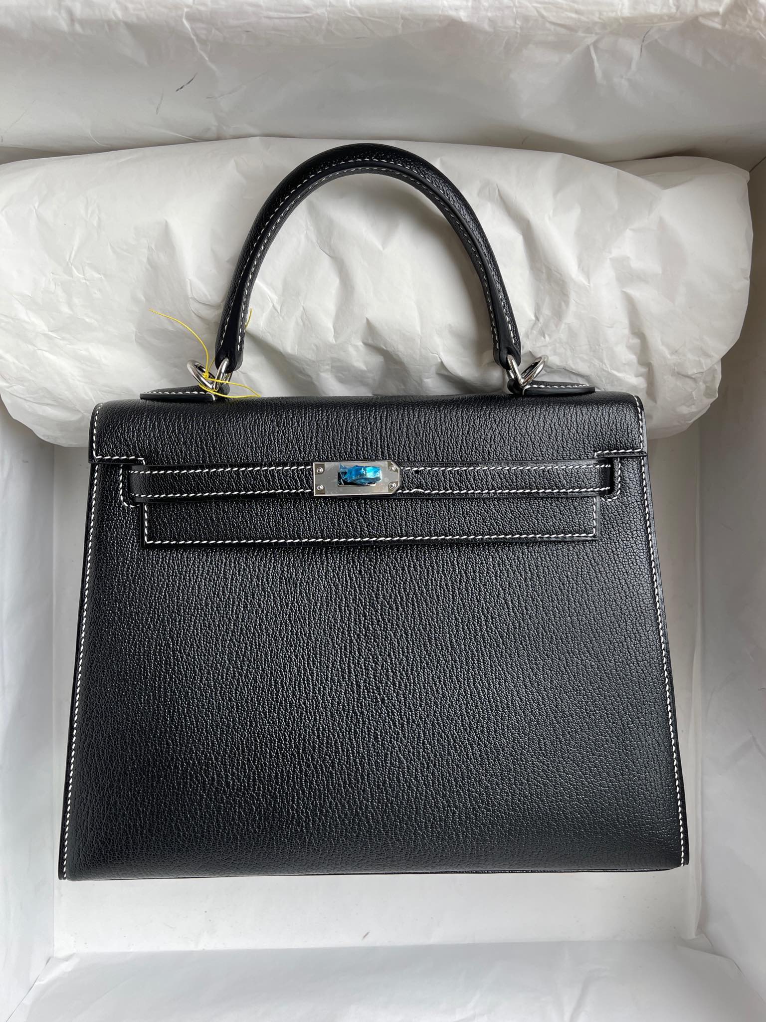 Hermès（爱马仕）kelly 凯莉包 Chevre 山羊皮 ck89 黑色 Noir 内拼 国旗红 银扣 25cm 顶级手缝