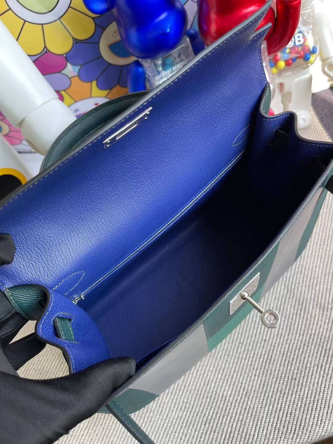 Hermès（爱马仕）Kelly 凯莉包 子母包 6O 松柏绿 内拼 M3 墨水蓝 银扣 28cm