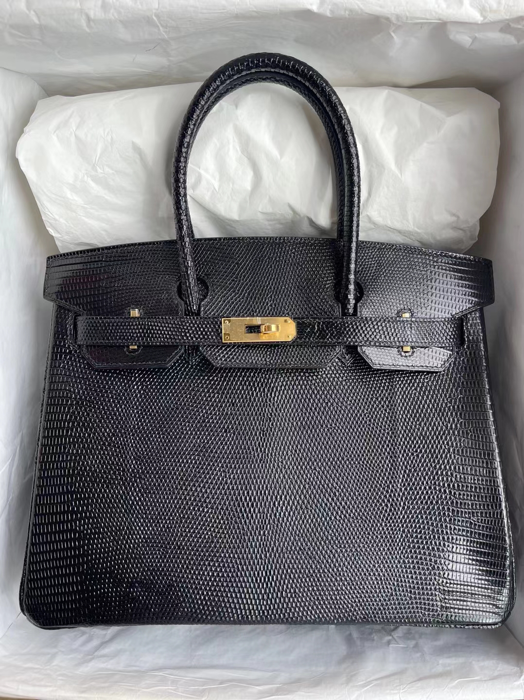 Hermès（爱马仕）Birkin 铂金包 Lizard 进口蜥蜴皮 Ck89 黑色 金扣 30cm