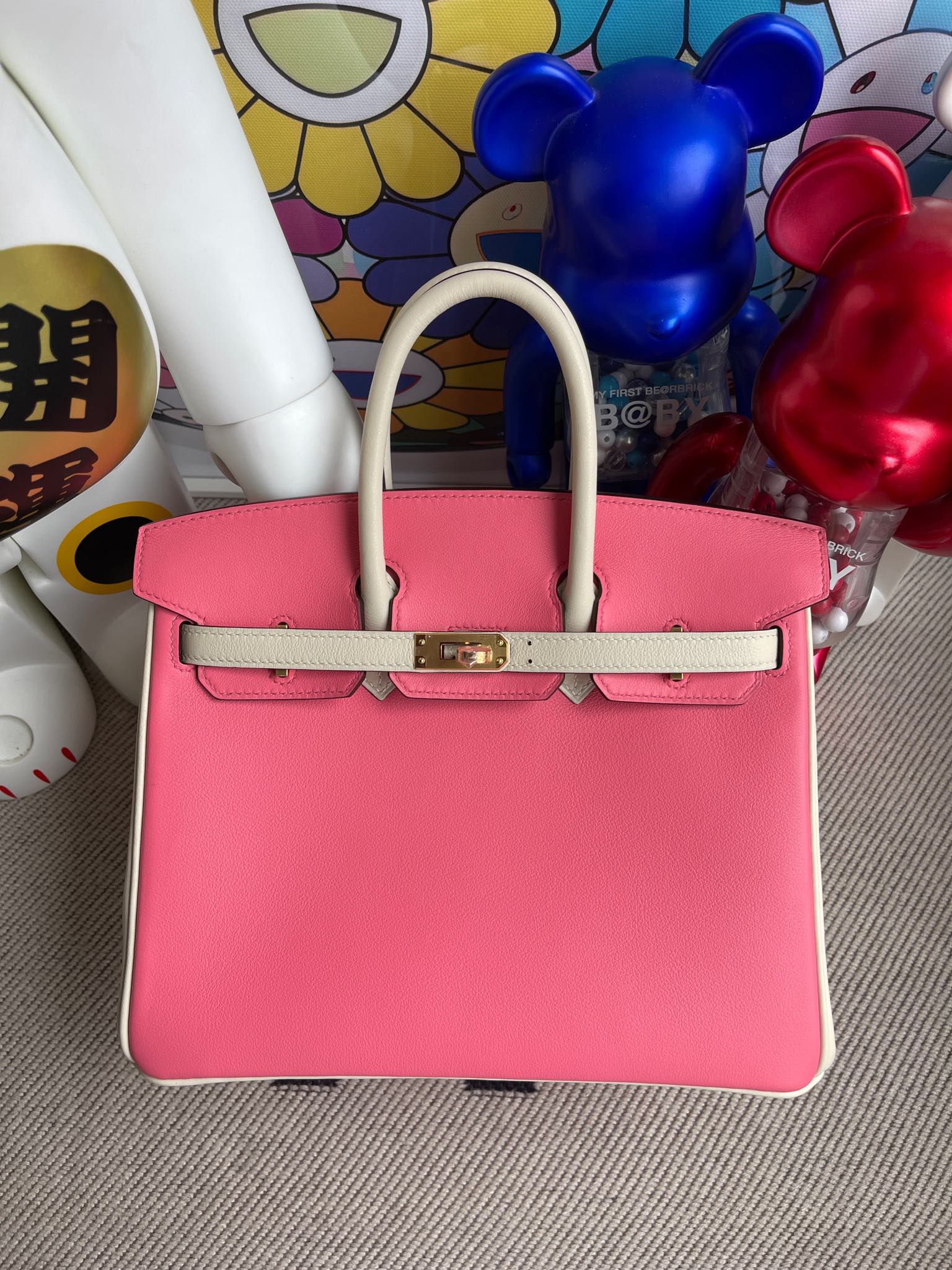 Hermès（爱马仕）Birkin 铂金包 Swift 唇膏粉 拼 奶白 金扣 马蹄印 25cm 顶级手缝