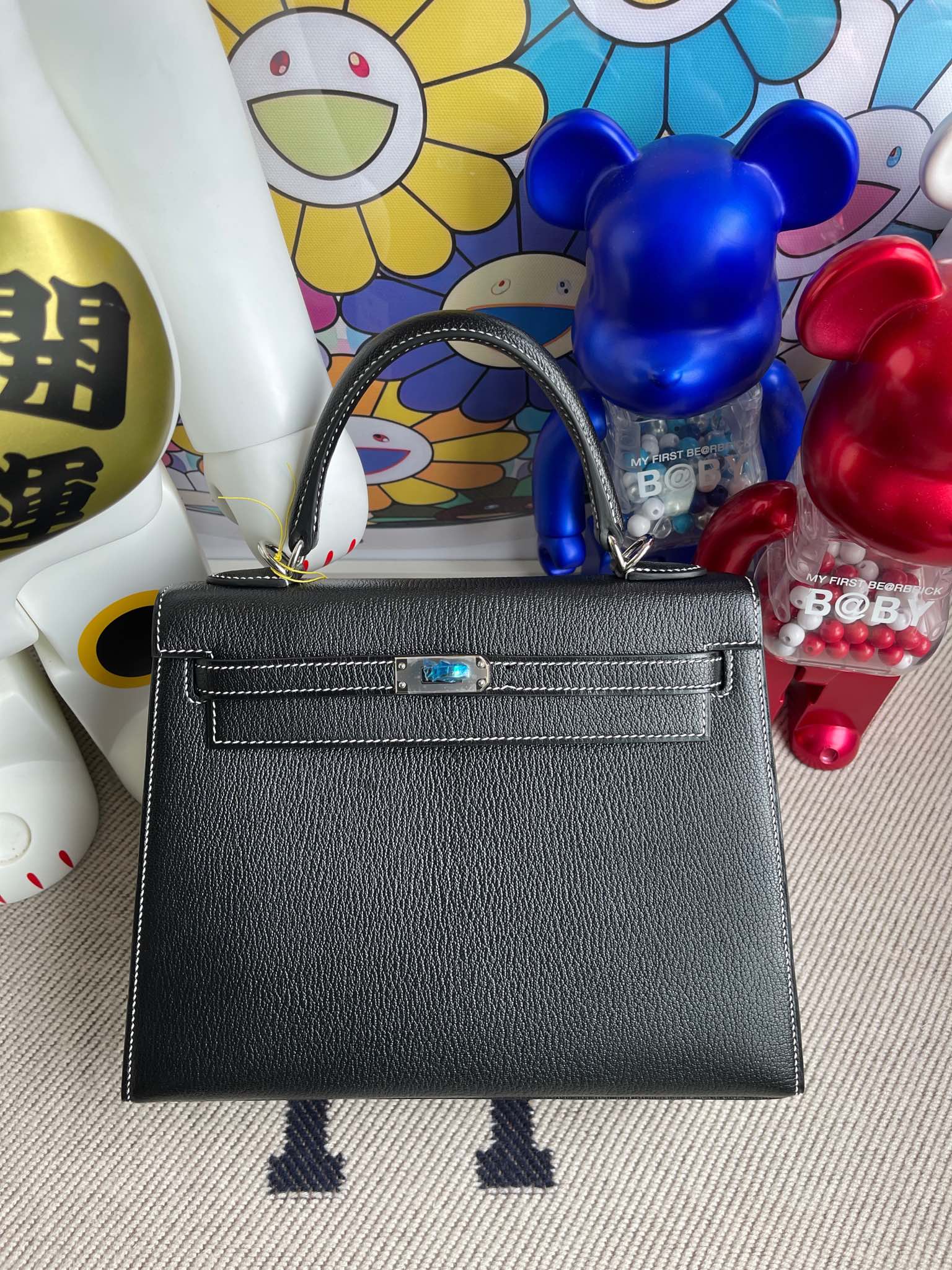 Hermès（爱马仕）kelly 凯莉包 Chevre 山羊皮 ck89 黑色 Noir 内拼 国旗红 银扣 25cm 顶级手缝