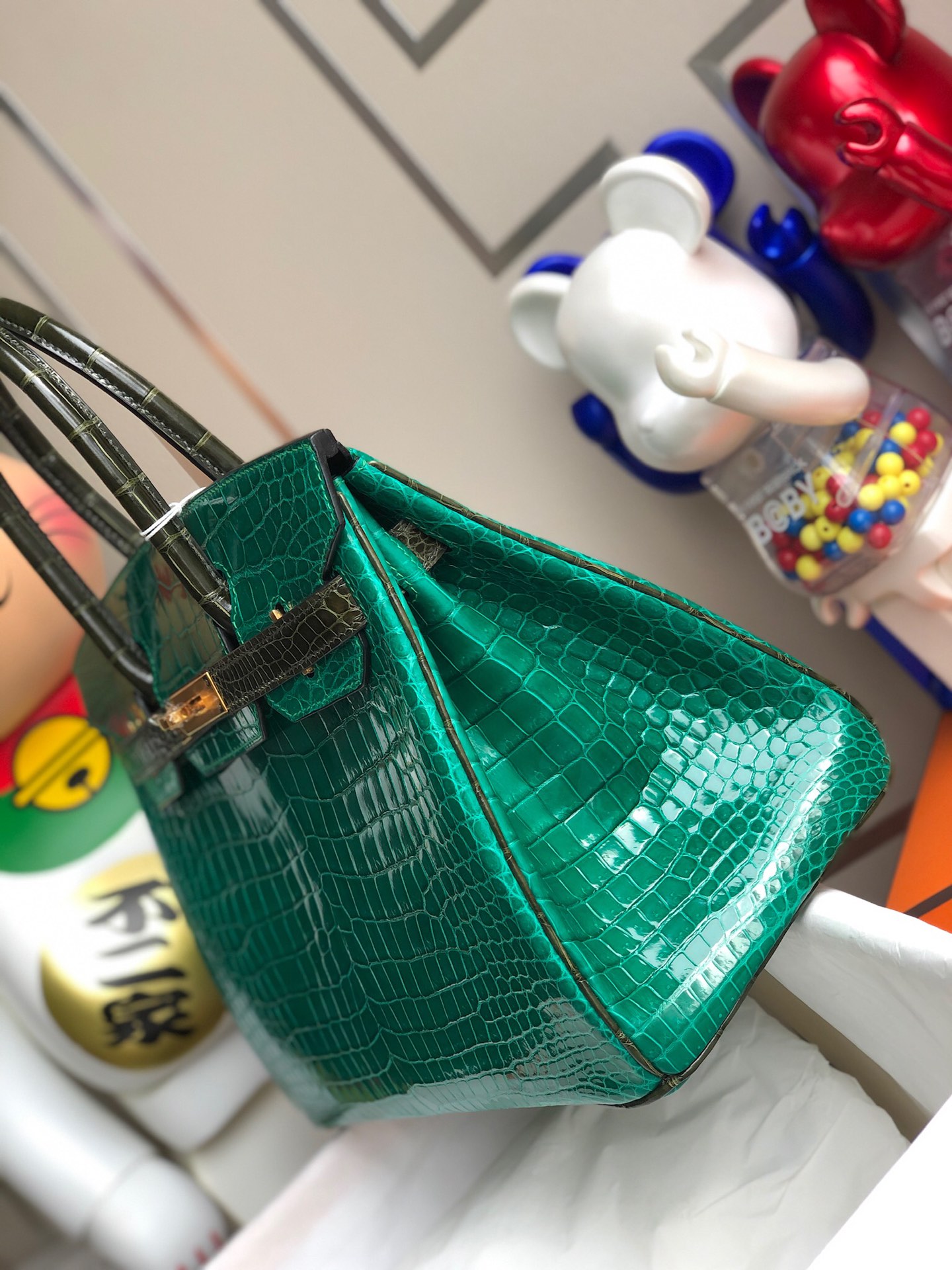 Hermès（爱马仕）Birkin 铂金包 Porosus shiny 亮面澳洲湾鳄 6Q 翡翠绿 拼 v6 橄榄绿 金扣 30cm 马蹄印 顶级手缝