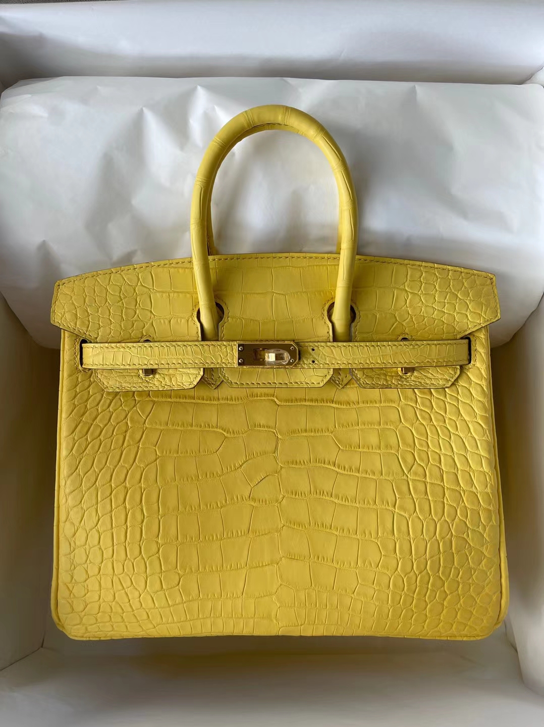 Hermès（爱马仕）Birkin 铂金包 雾面美洲鳄 9R 柠檬黄 内拼 L3 玫瑰紫 马蹄印 金扣 25cm