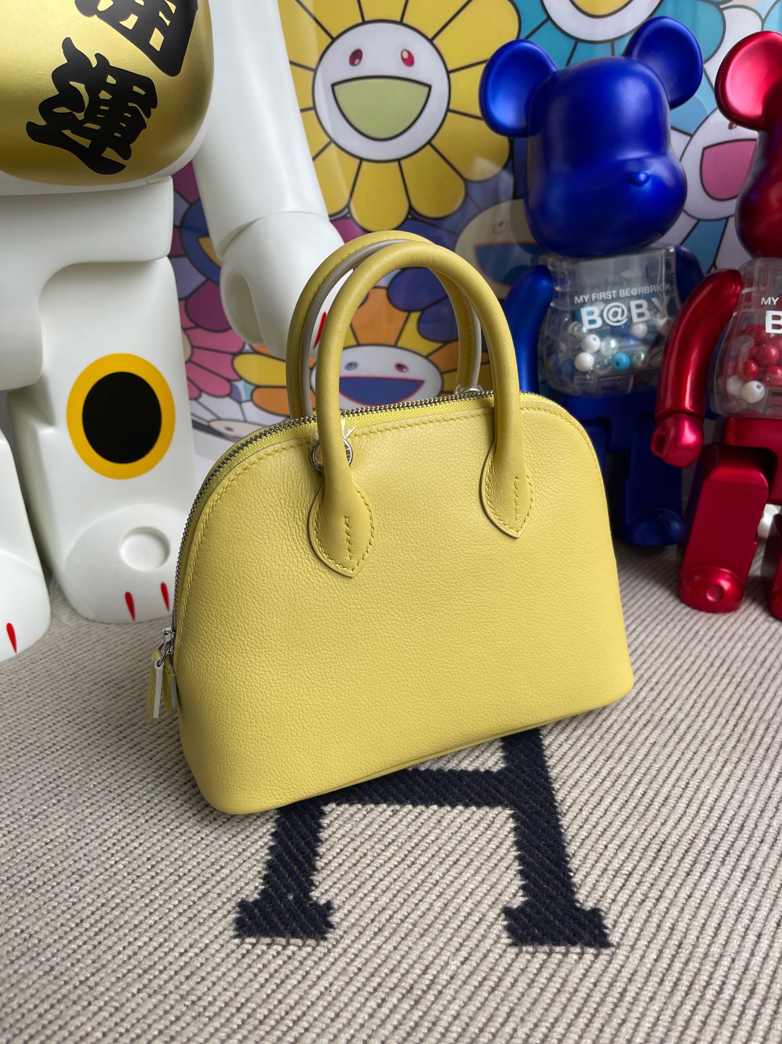 Hermès（爱马仕）Mini bolide 保龄球包 chevre 山羊皮 c9 鹅蛋黄  银扣 顶级手缝 现货