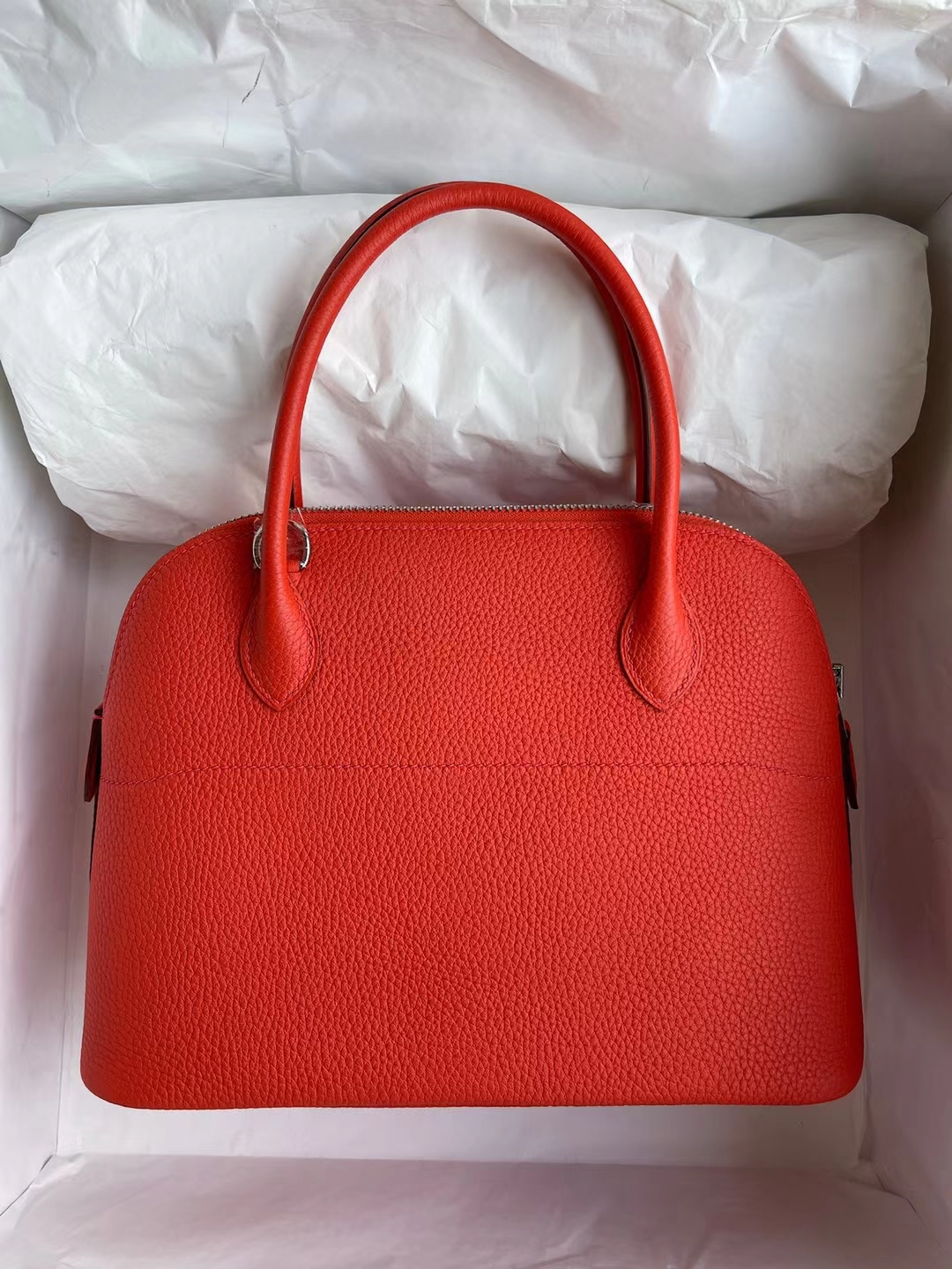 Hermès（爱马仕）Bolide 保龄球包 Clemence 9J 火焰橙 银扣 27cm