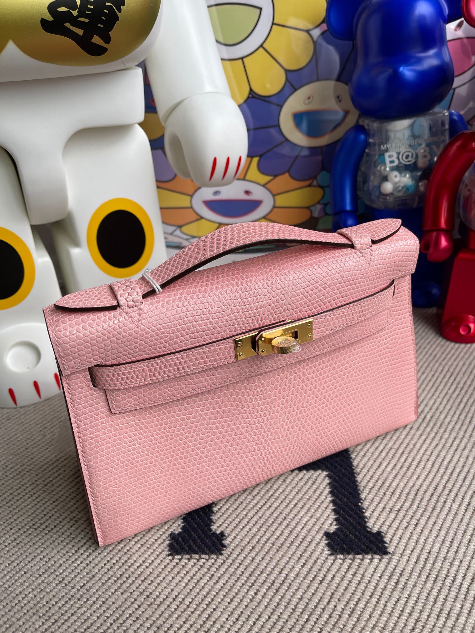Hermès（爱马仕）Mini kelly pochette Lizard 进口亮面蜥蜴 3Q粉 金扣 22cm 顶级手缝