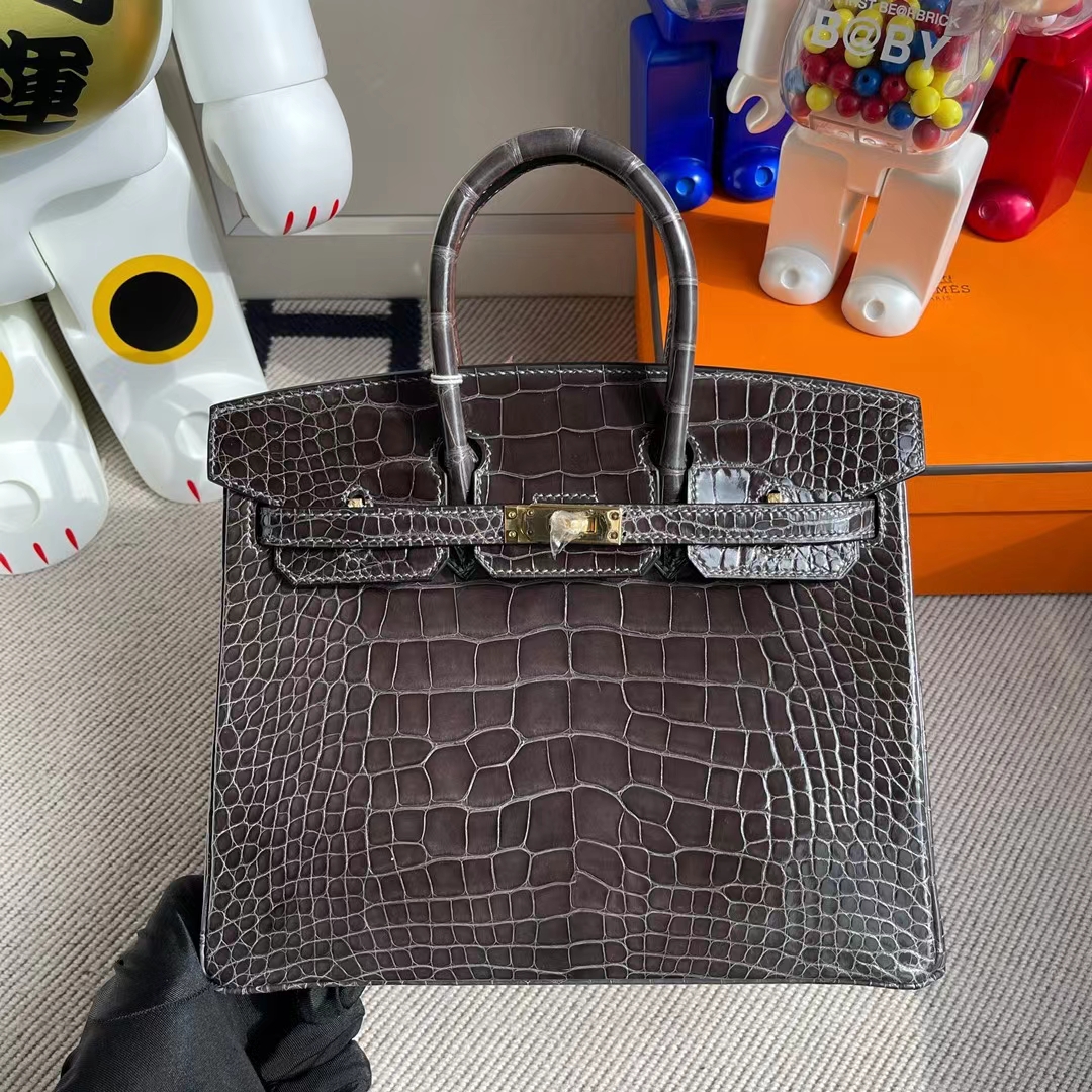 Hermès（爱马仕）Birkin 铂金包 亮面美洲鳄 Ck88 石墨灰 金扣 shiny alligator crocodile 25cm