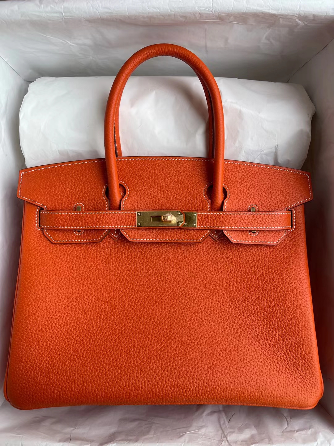Hermès（爱马仕）Birkin 铂金包 Clemence 进口大牛皮 火焰橙 金扣 30cm