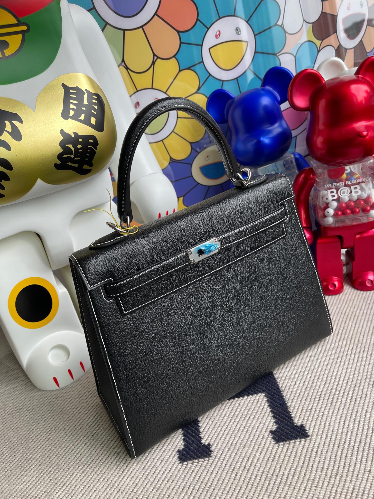 Hermès（爱马仕）kelly 凯莉包 Chevre 山羊皮 ck89 黑色 Noir 内拼 国旗红 银扣 25cm 顶级手缝