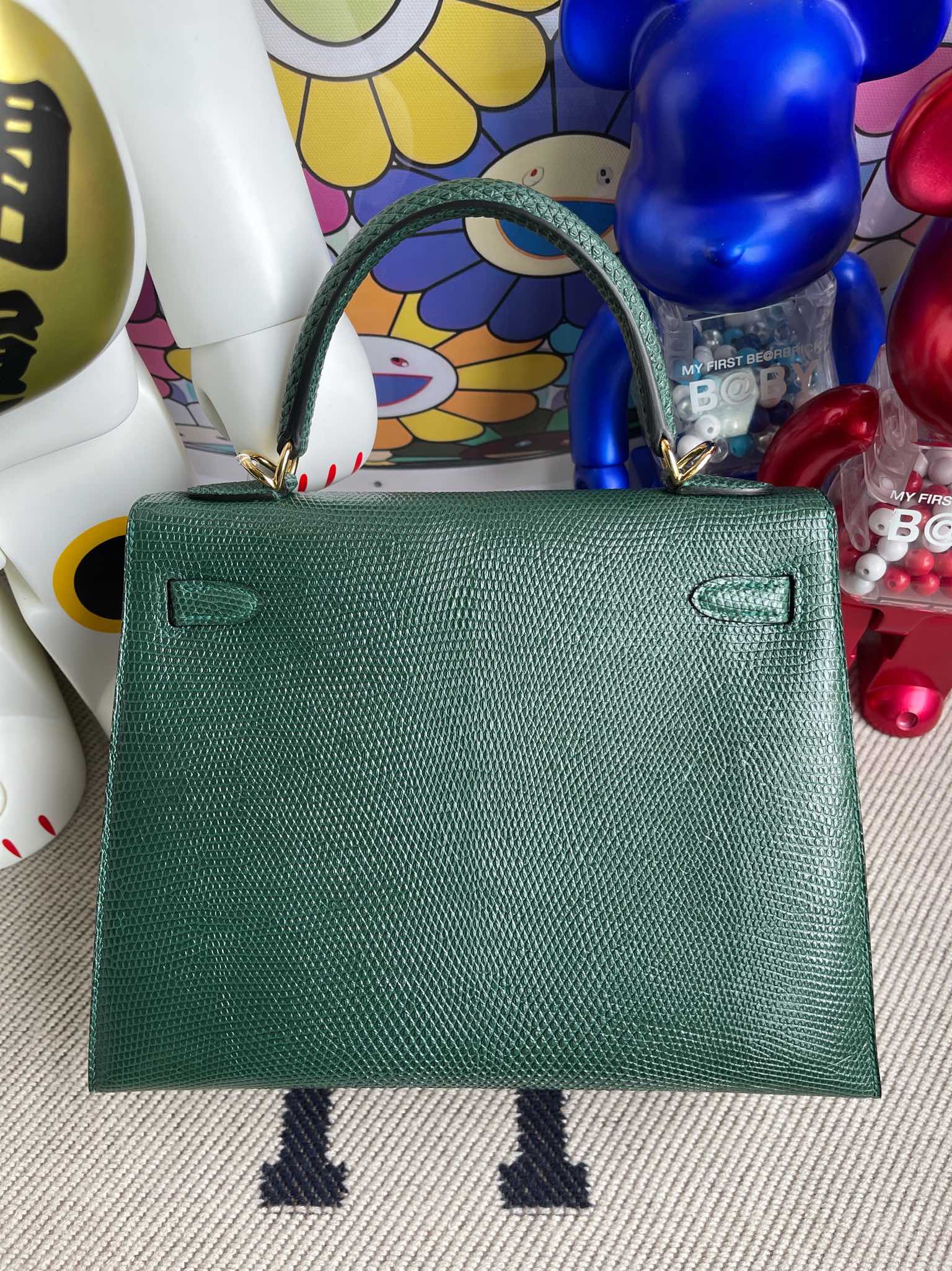 Hermès（爱马仕）kelly 凯莉包 Lizard 进口亮面蜥蜴 ck67 祖母绿 金扣 25cm 顶级手缝