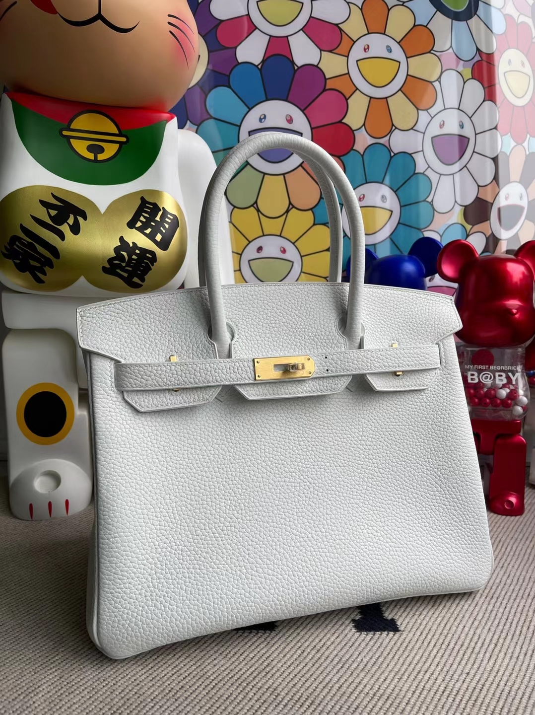 Hermès（爱马仕）Birkin 铂金包 Clemence 01 纯白 内拼 9R 柠檬黄 拉丝金扣 30cm
