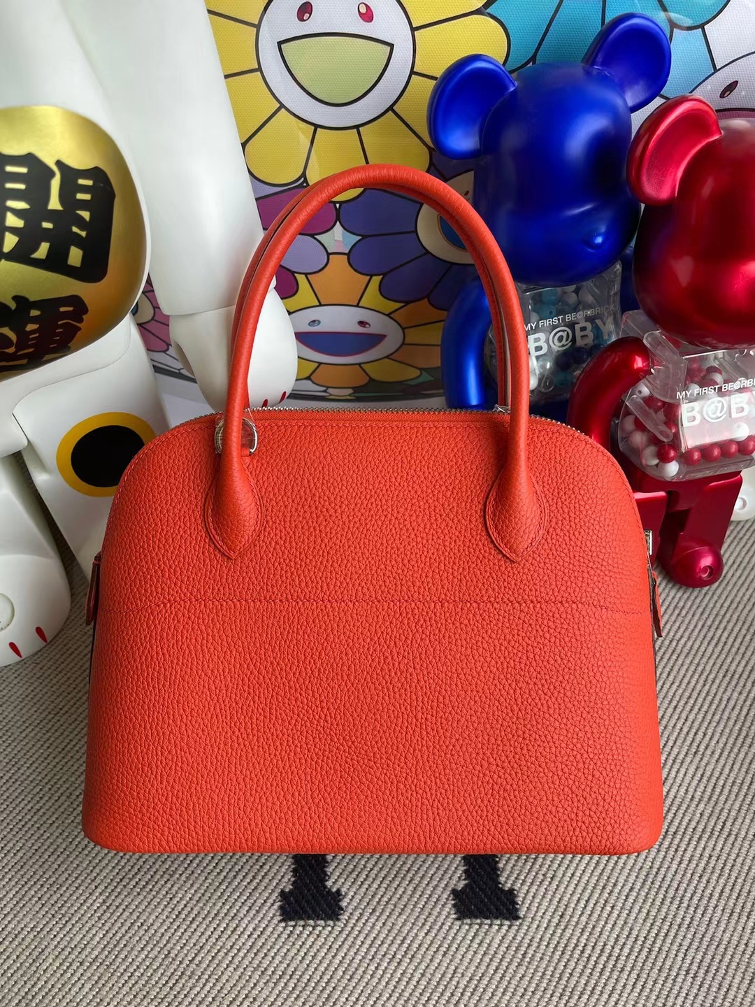 Hermès（爱马仕）Bolide 保龄球包 Clemence 9J 火焰橙 银扣 27cm