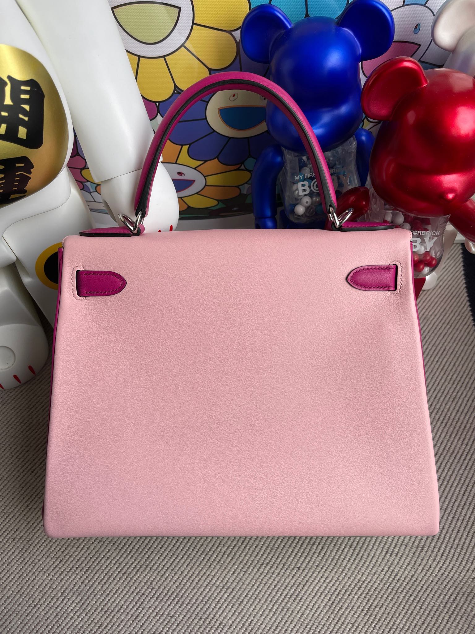 Hermès（爱马仕）Kelly 凯莉包 Swift 竹子绿 拼 3Q粉 拼 玫瑰紫 银扣 马蹄印 28cm 顶级手缝