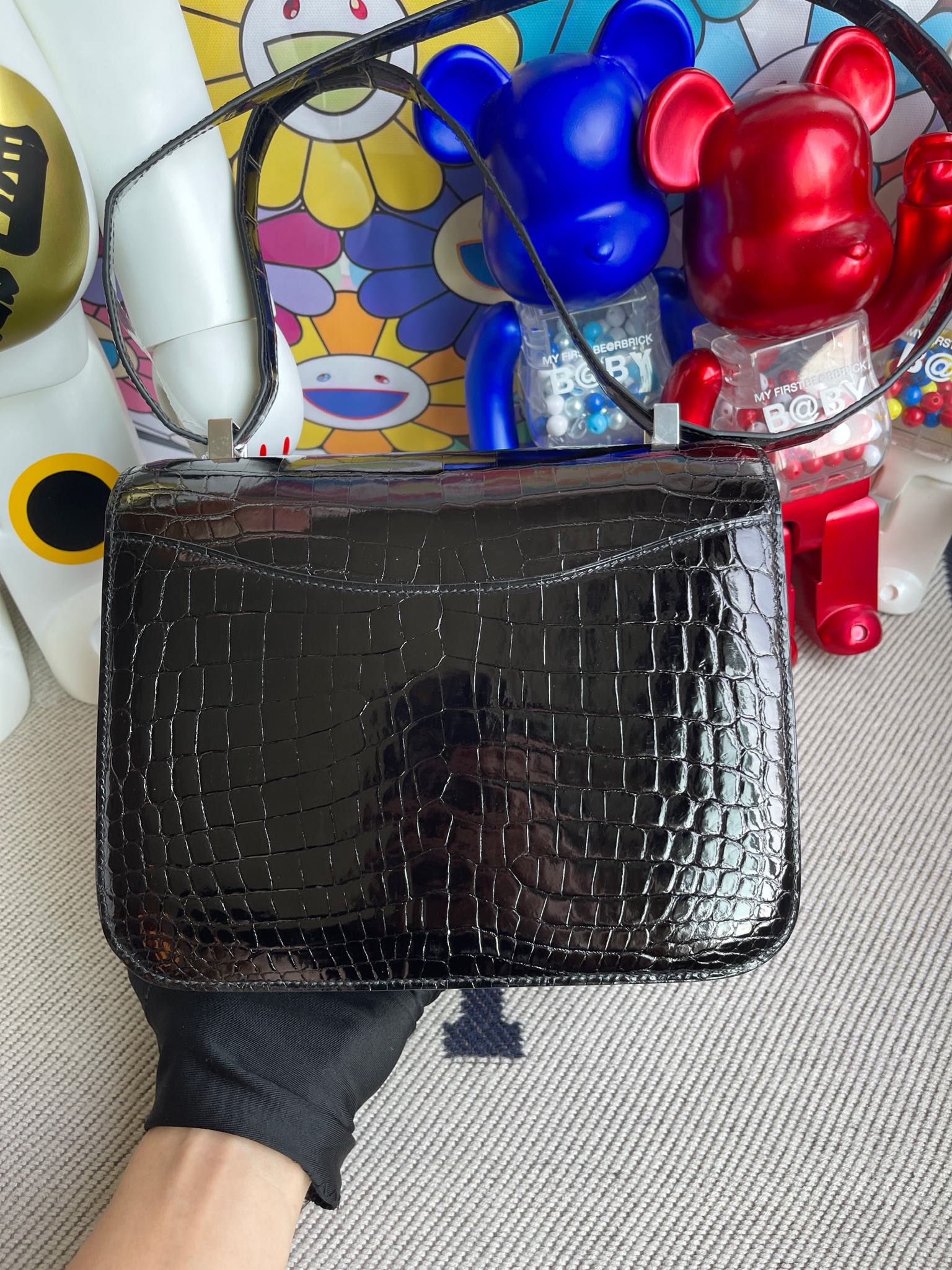 Hermès（爱马仕）Constance 康斯坦斯 Crocodile shiny 亮面鳄鱼 ck89 黑色 Noir 银扣 24cm 顶级手缝