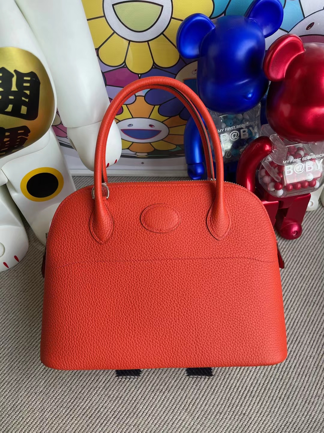 Hermès（爱马仕）Bolide 保龄球包 Clemence 9J 火焰橙 银扣 27cm