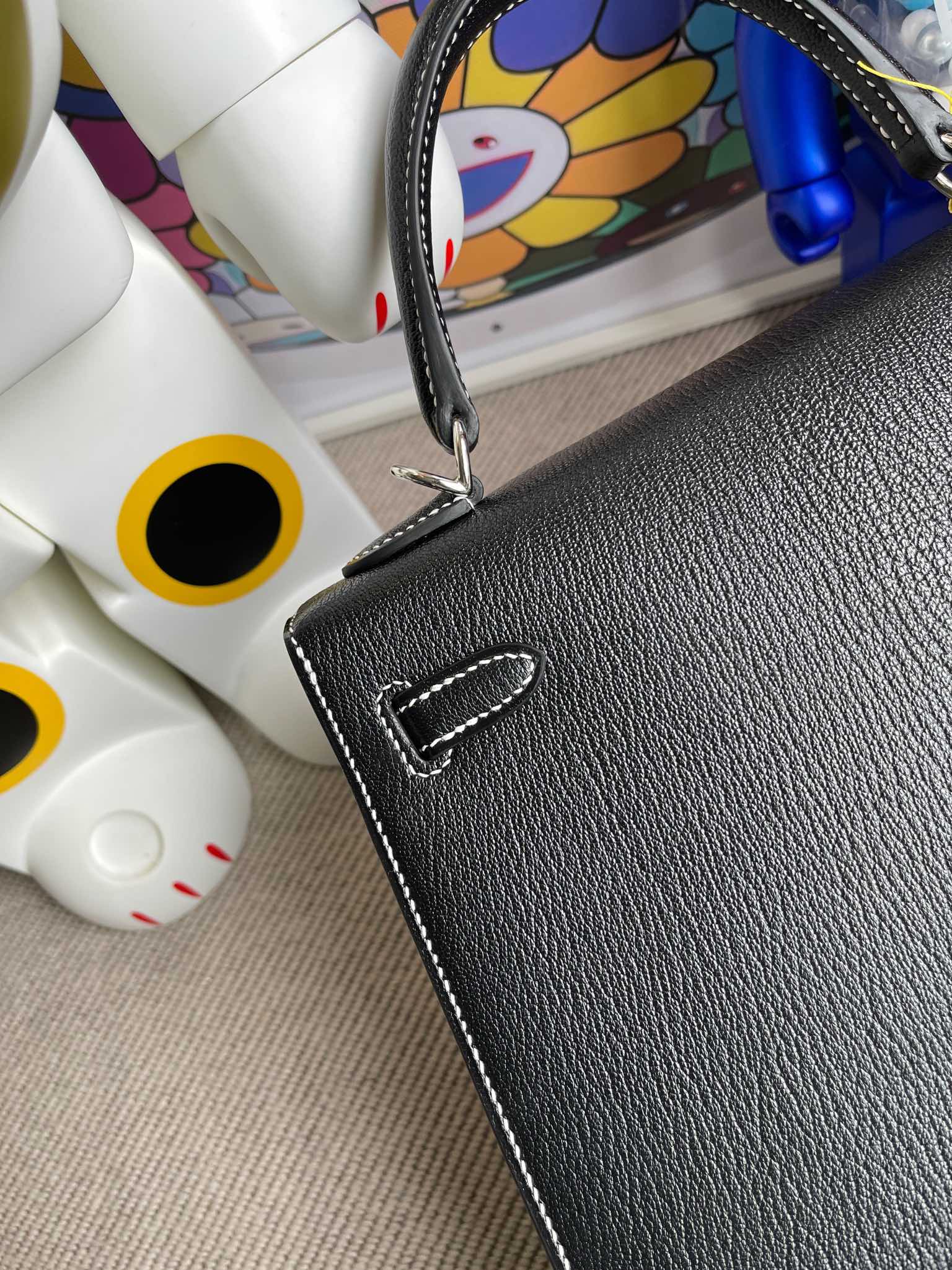 Hermès（爱马仕）kelly 凯莉包 Chevre 山羊皮 ck89 黑色 Noir 内拼 国旗红 银扣 25cm 顶级手缝