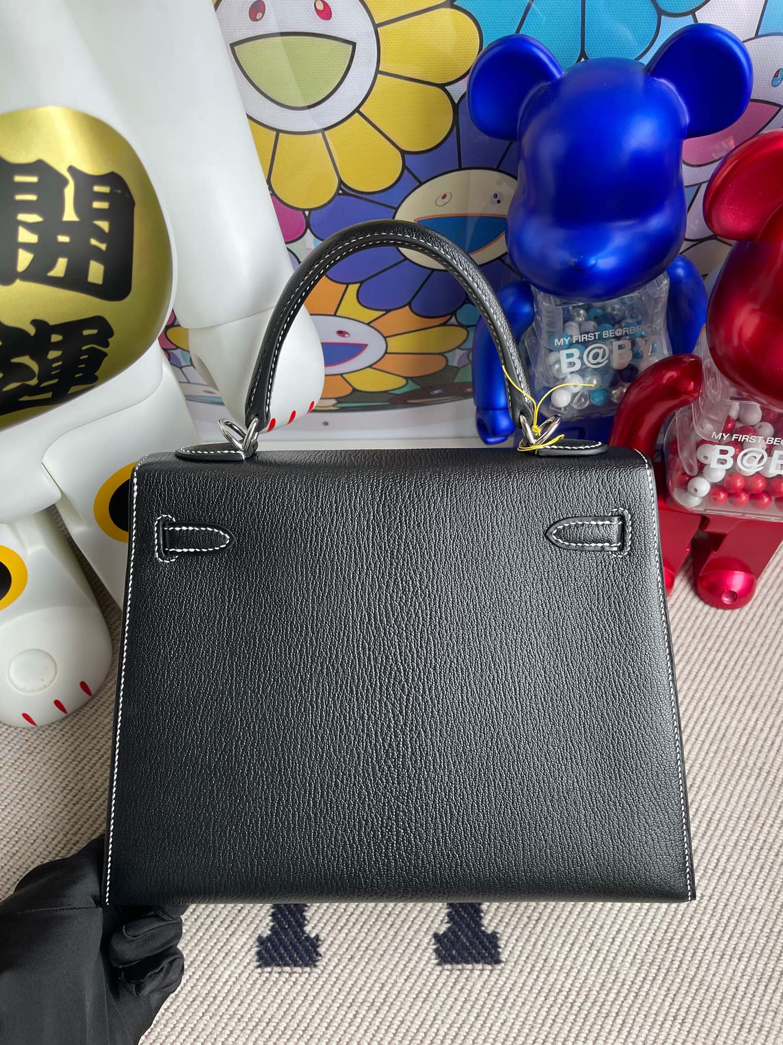 Hermès（爱马仕）kelly 凯莉包 Chevre 山羊皮 ck89 黑色 Noir 内拼 国旗红 银扣 25cm 顶级手缝