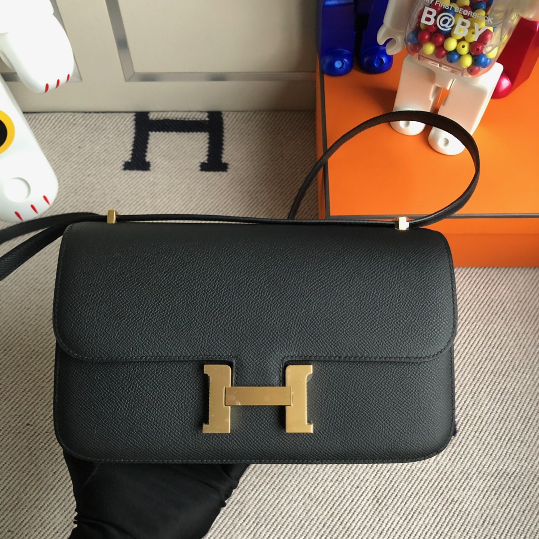 Hermès（爱马仕）Constance 空姐包 Epsom 原厂掌纹皮 ck89 黑色 Noir 金扣 26cm 顶级手缝