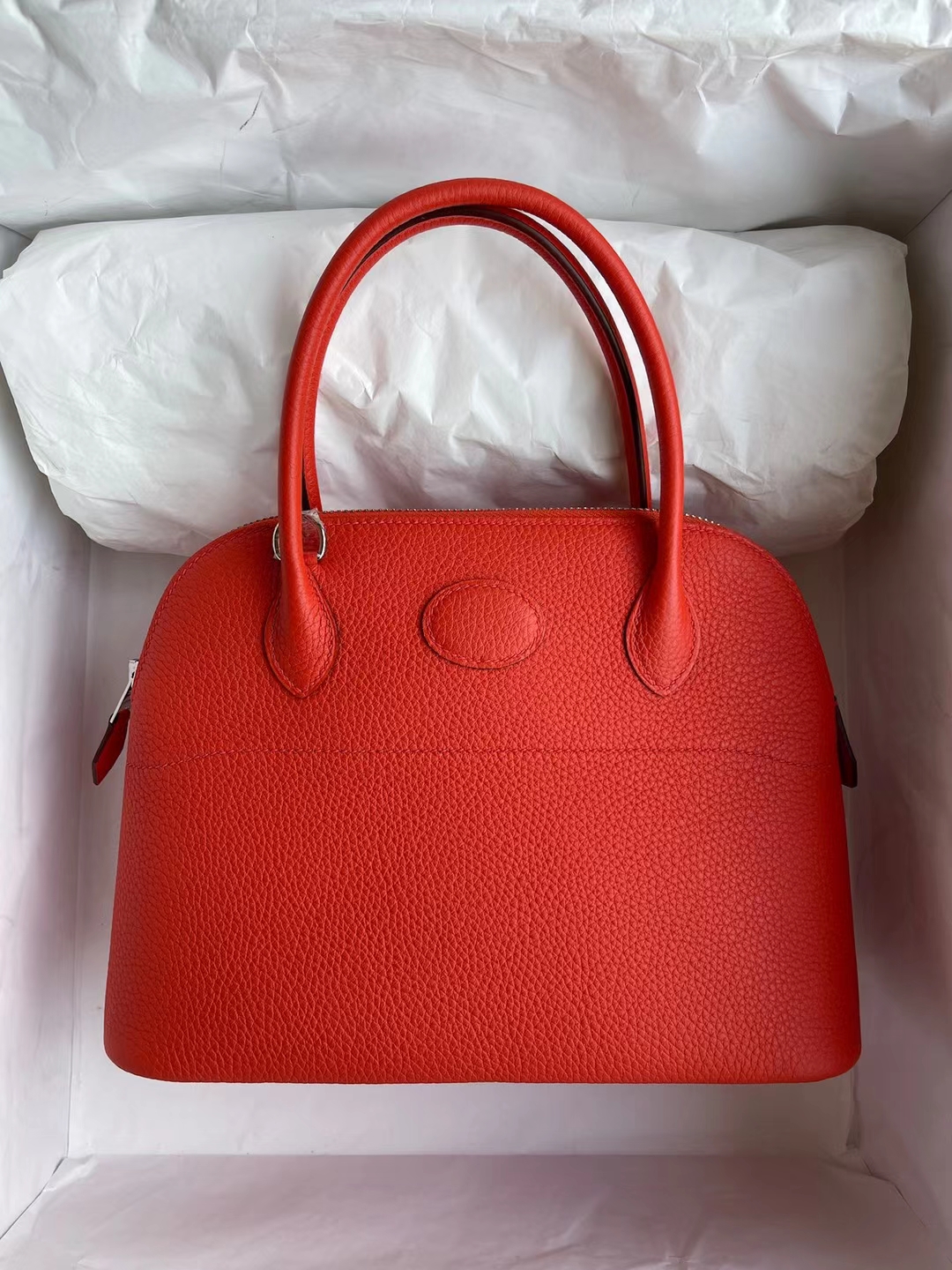 Hermès(爱马仕)Bolide 保龄球包 Clemence 9J 火焰橙 银扣 27cm-拉尔森鳄鱼皮具定制 - 爱马仕包包官网 Hermès(爱马仕)Bolide 保龄球包 Clemence 9J 火焰橙 银扣 27cm