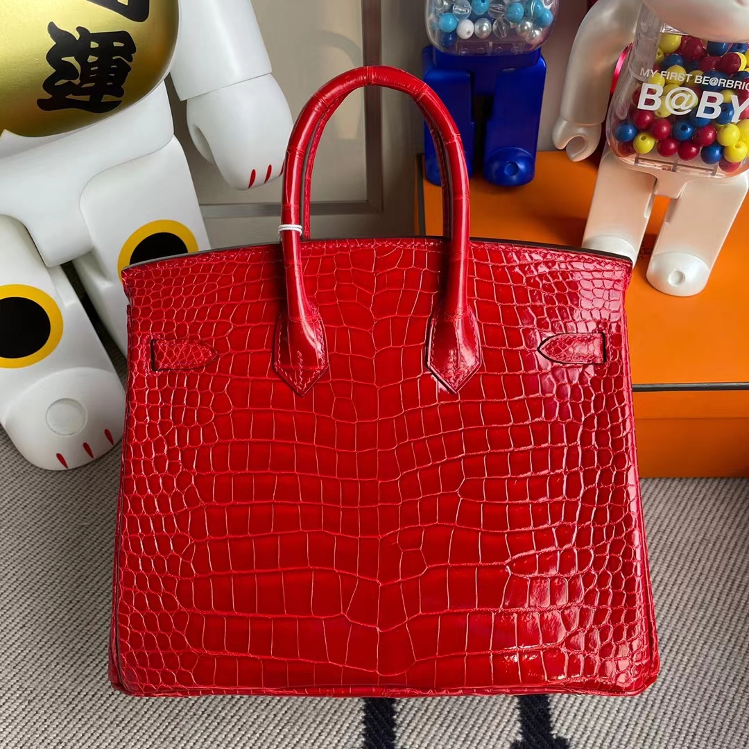 Hermès（爱马仕）Birkin 铂金包 亮面倒v澳洲湾鳄 ck95 法拉利红 crocodile 金扣 25cm