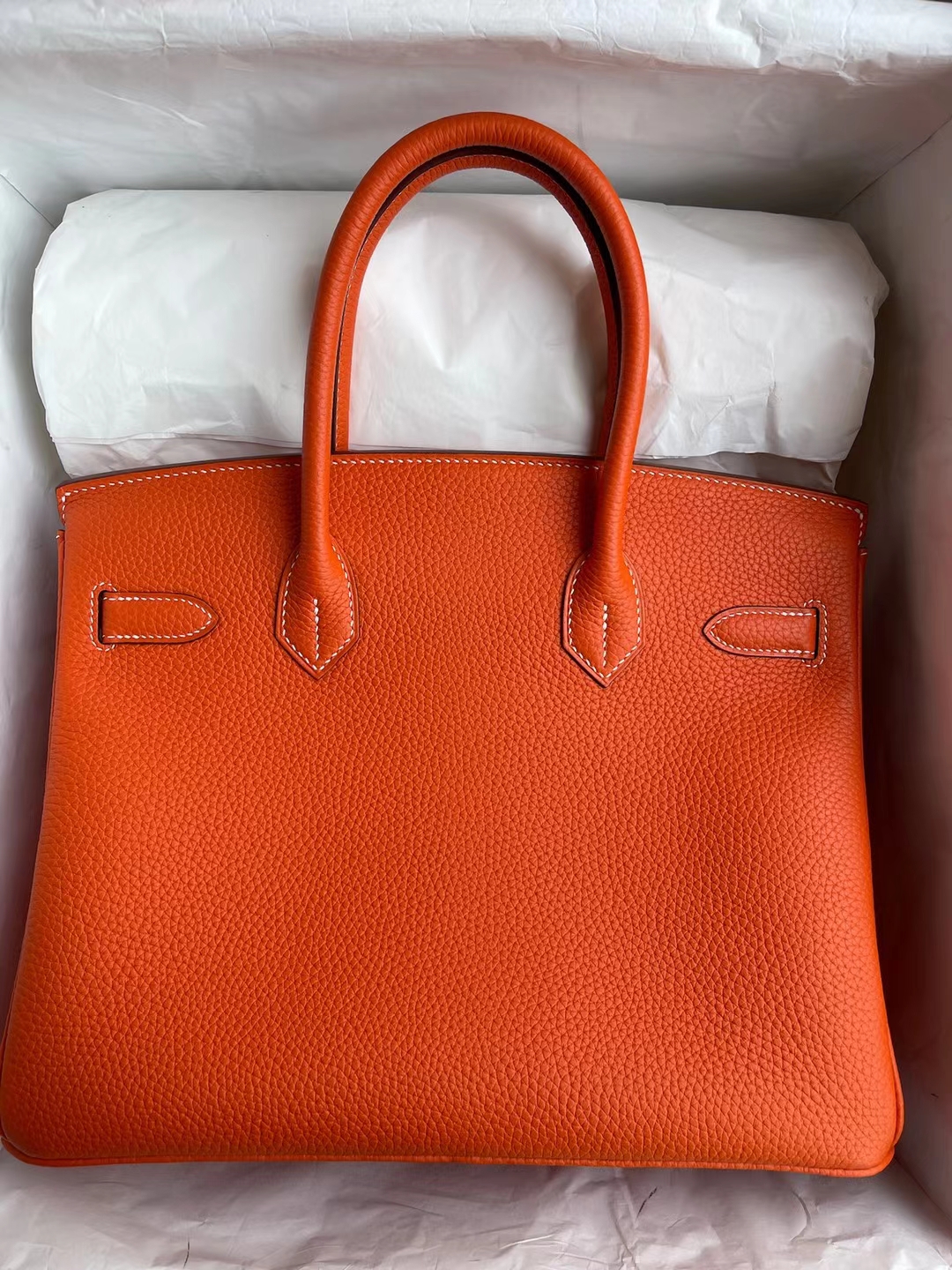 Hermès（爱马仕）Birkin 铂金包 Clemence 进口大牛皮 火焰橙 金扣 30cm