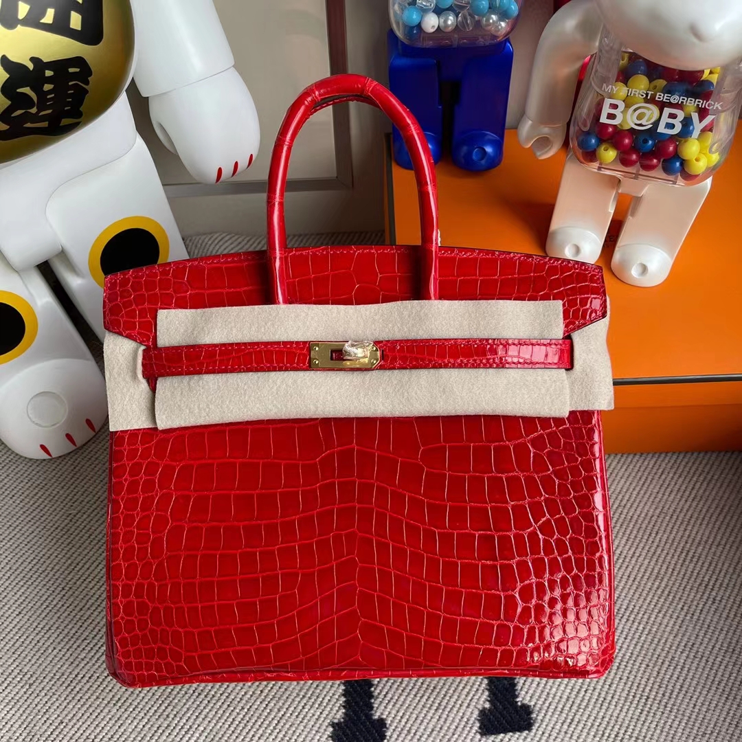 Hermès（爱马仕）Birkin 铂金包 亮面倒v澳洲湾鳄 ck95 法拉利红 crocodile 金扣 25cm