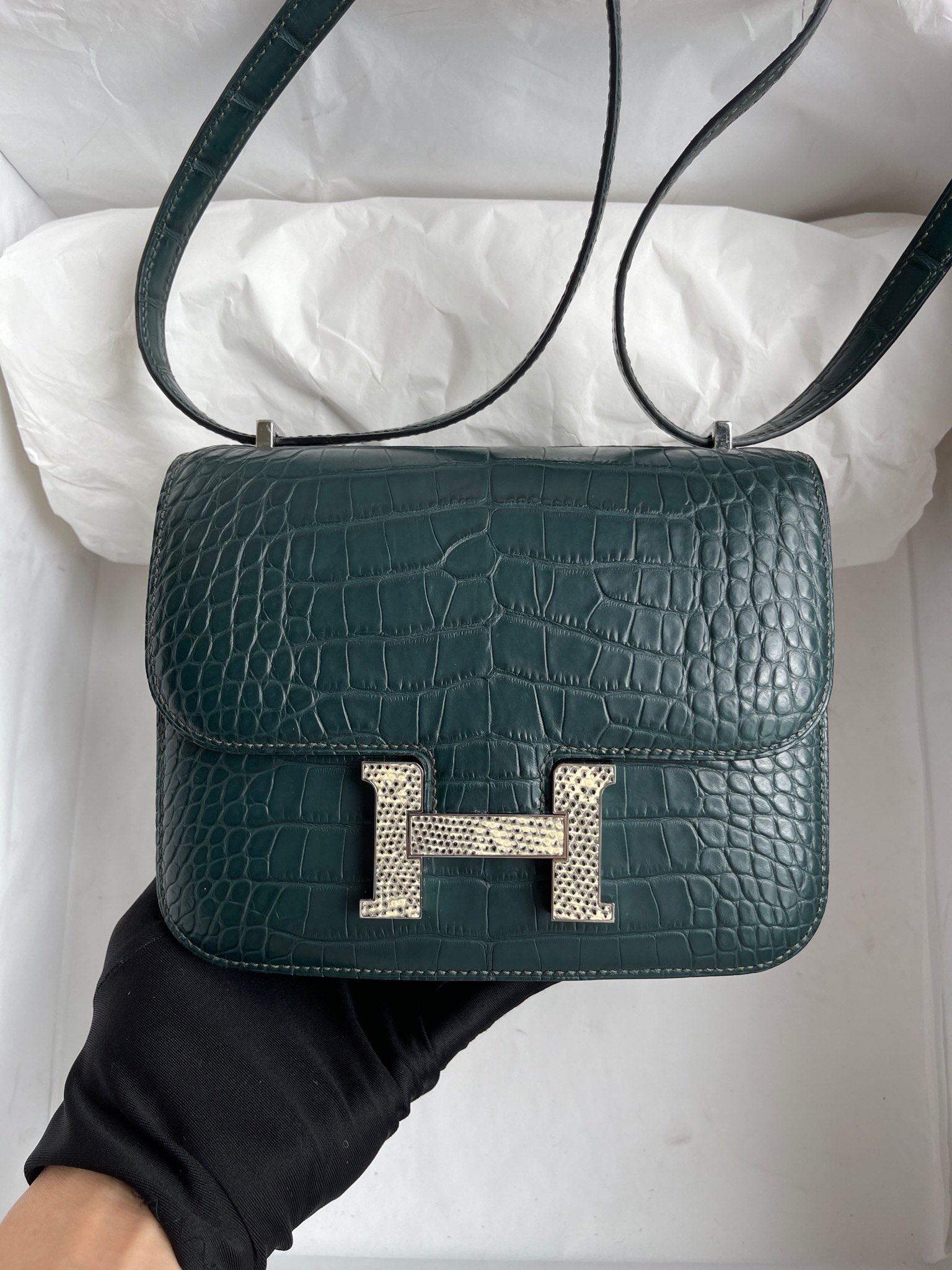 Hermès（爱马仕）Constance 康斯坦斯 Alligator matt 雾面鳄 卢梭绿 拼 蜥蜴扣 18cm 顶级手缝