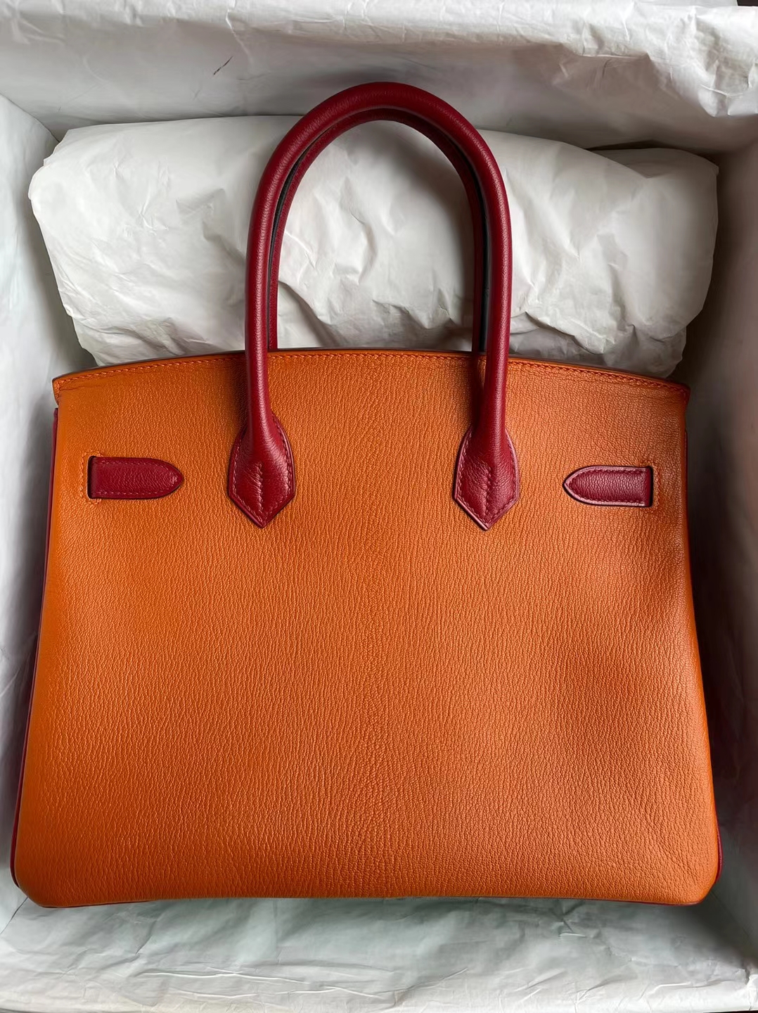 Hermès（爱马仕）Birkin 铂金包 三拼色 Chevre 牛油果绿 拼 ck93 橙色 拼 Q5 国旗红 马蹄印 银扣 30cm