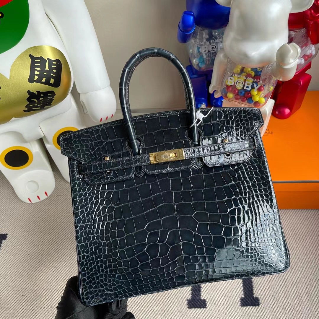Hermès（爱马仕）Birkin 铂金包 亮面美洲鳄鱼 Ck76 深海蓝 shiny alligator crocodile 金扣 25cm